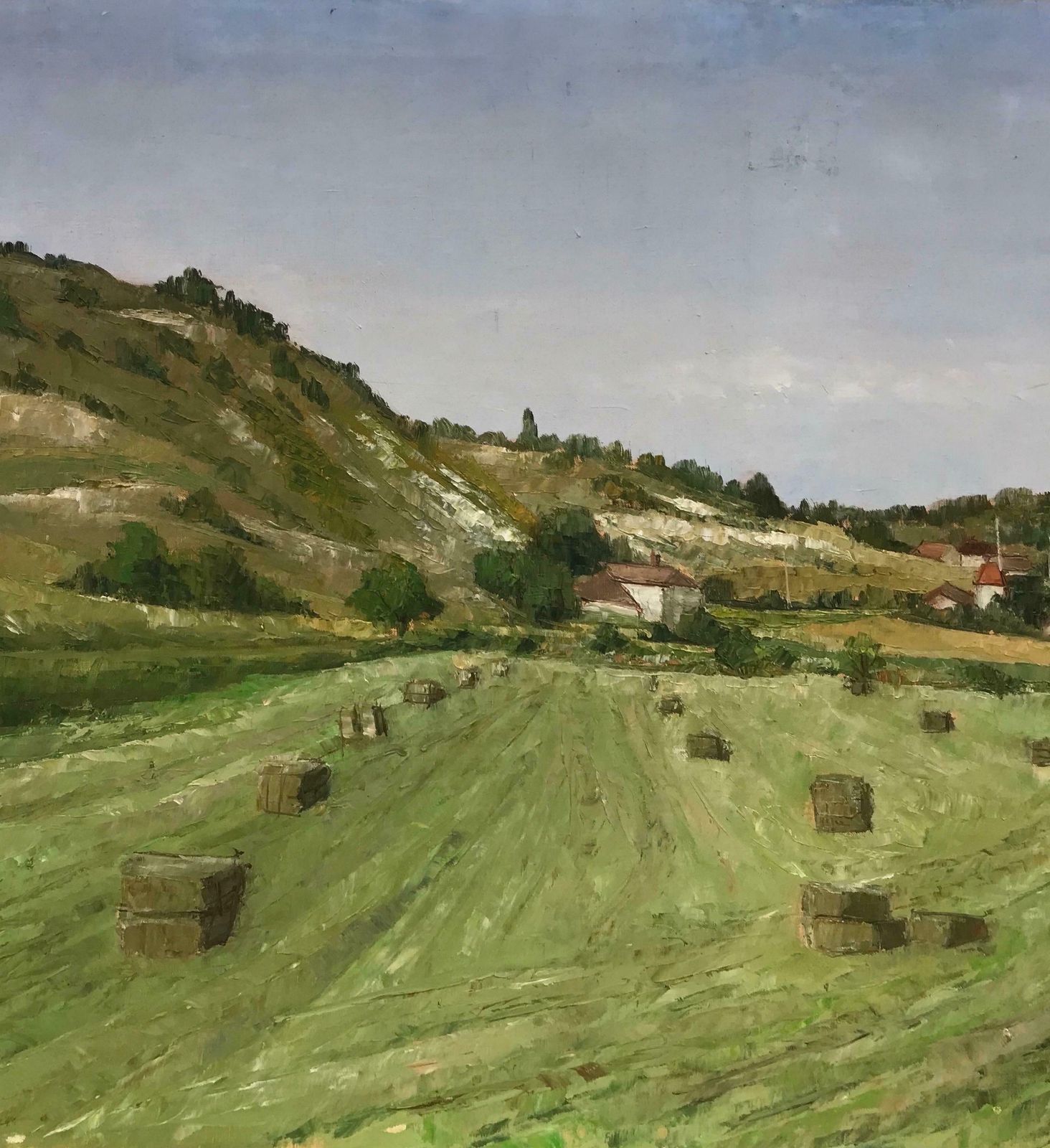 Bernard Perronehay Bales Harvest Green Fields, Large French Landscape Signed Oil Painting photo Art