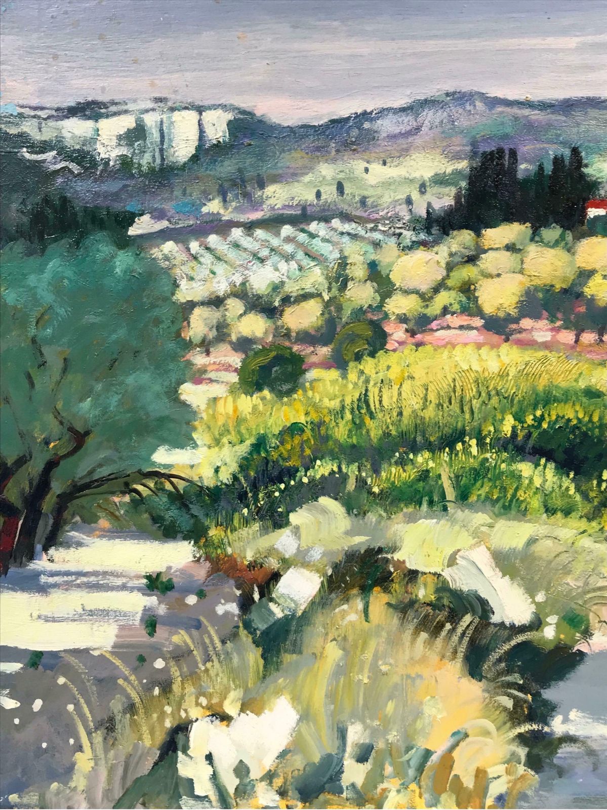 Guy Benardles Alpilles Provence, Sunny Summer Landscape Figures Walking In Lane, Oil photo Art