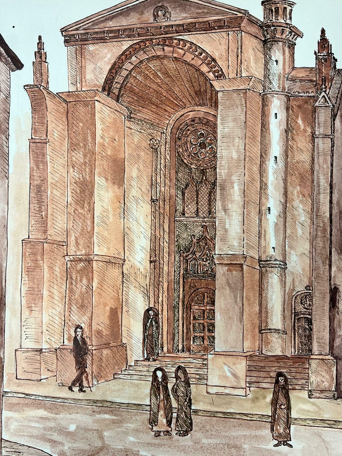 Bernard Labbe1950's Modernist/ Cubist Painting   Figures At French Cathedral1950's photo for sale