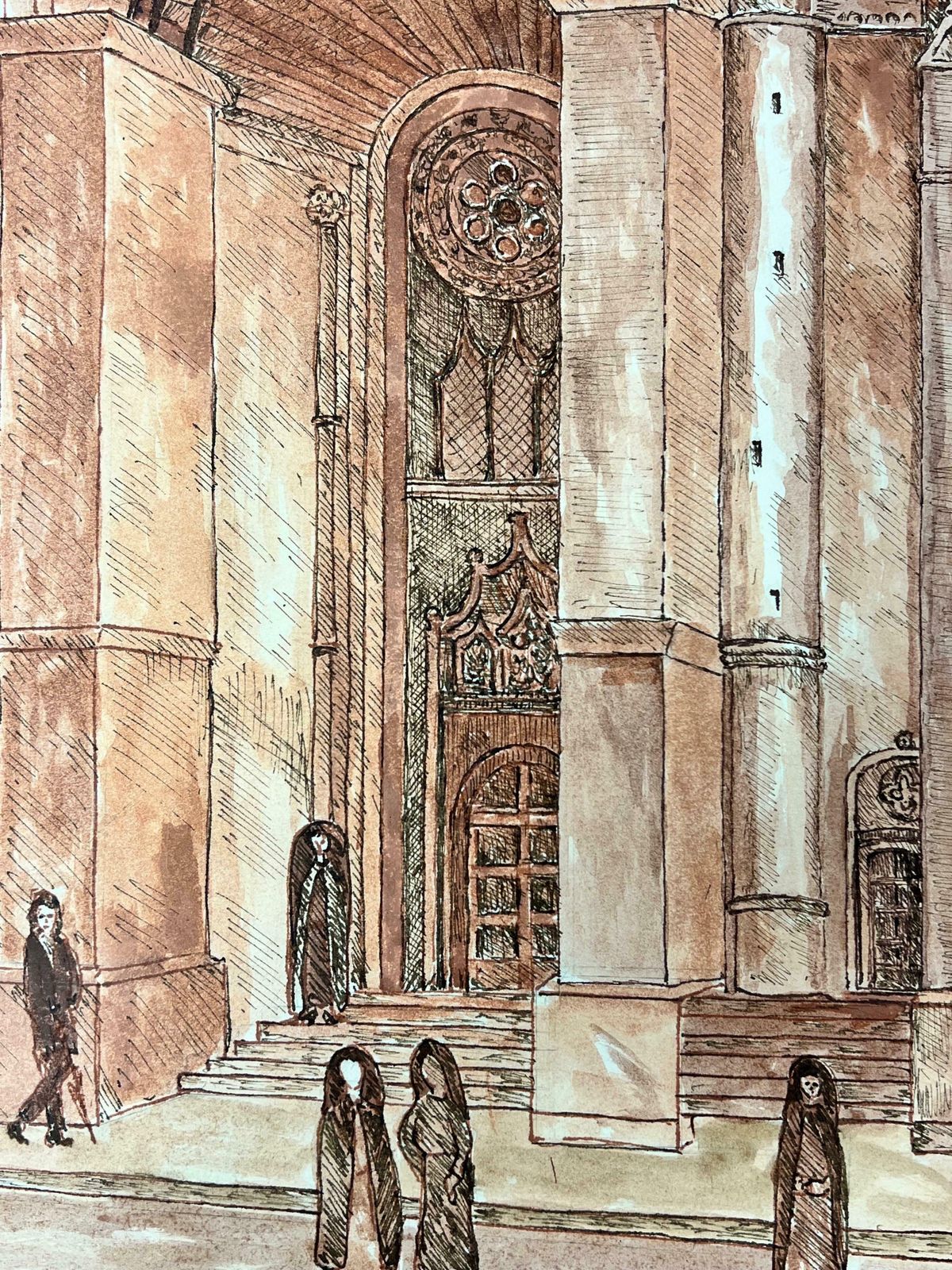 Bernard Labbe1950's Modernist/ Cubist Painting   Figures At French Cathedral1950's photo buy