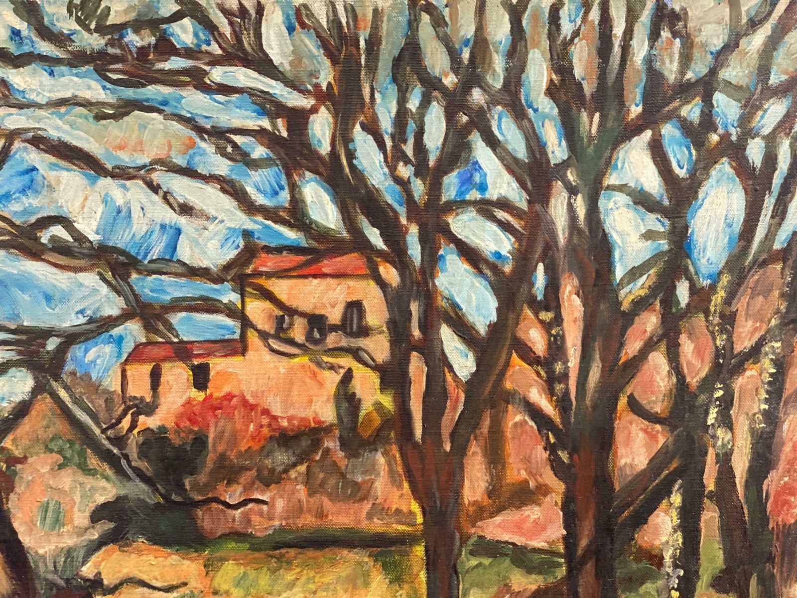 French Post Impressionistfrench Post Impressionist Oil After Cezanne Houses In Winter Woodland Landscape photo buy