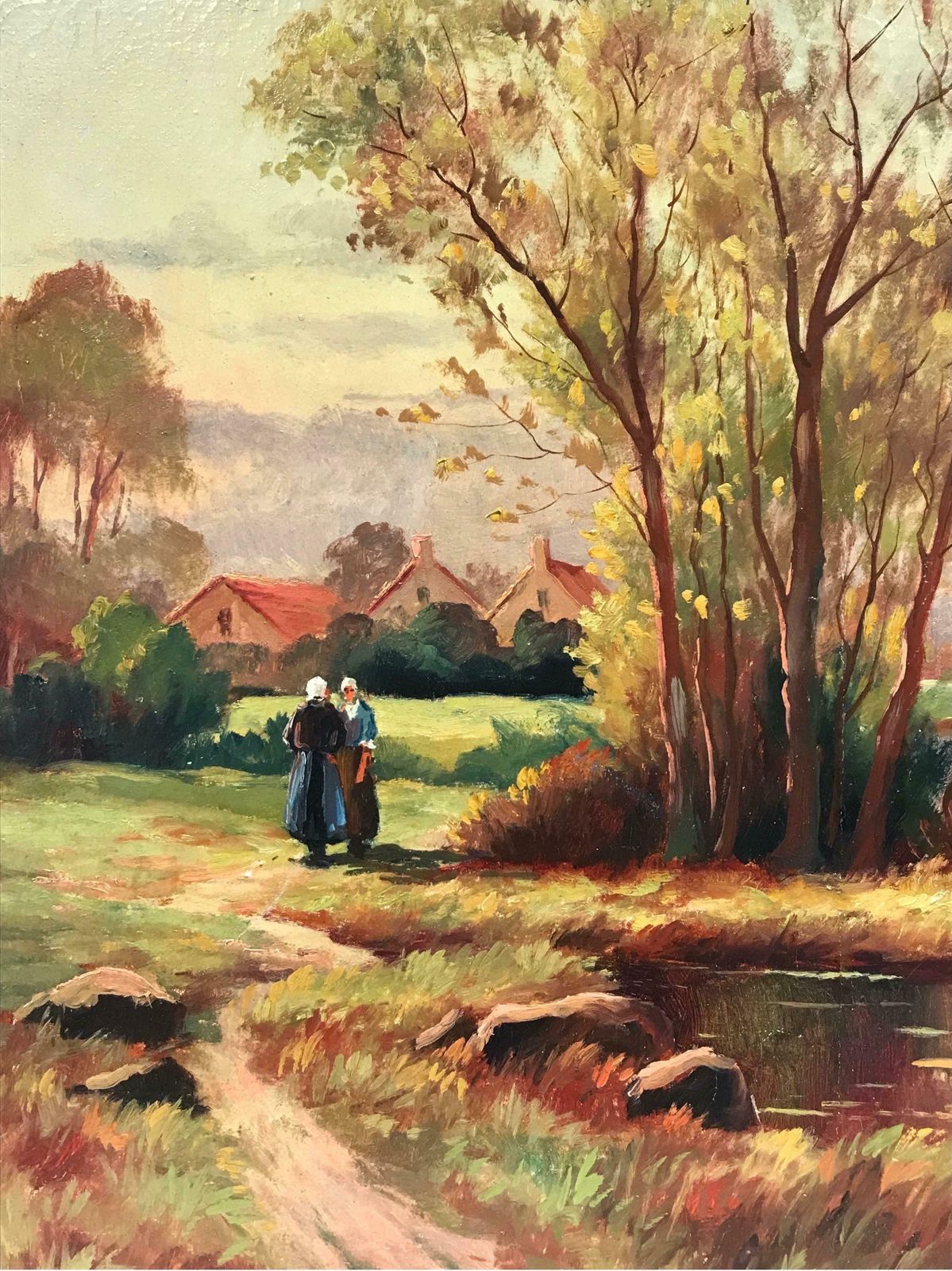 20th Century French Schoolearly 20th Century French Siged Oil Two Figures Autumn Landscape By Lake photo for sale