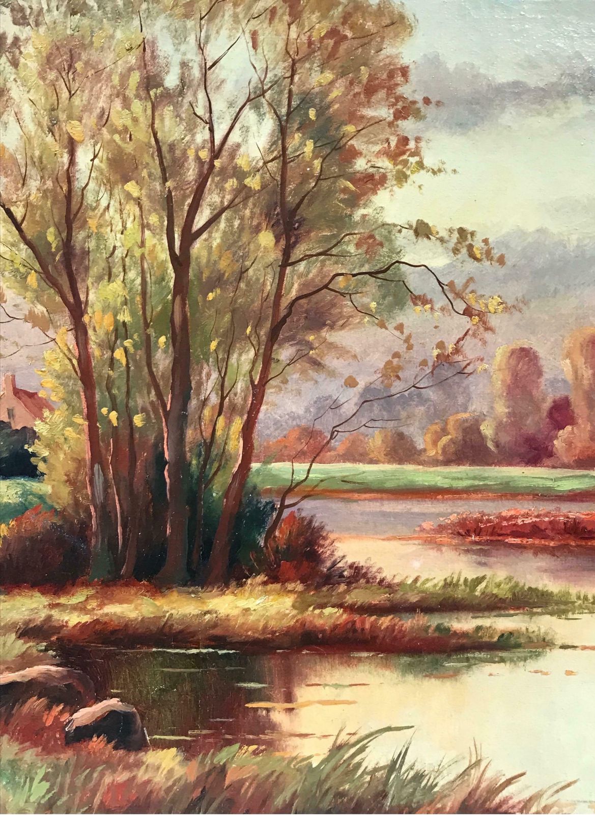 20th Century French Schoolearly 20th Century French Siged Oil Two Figures Autumn Landscape By Lake photo Art