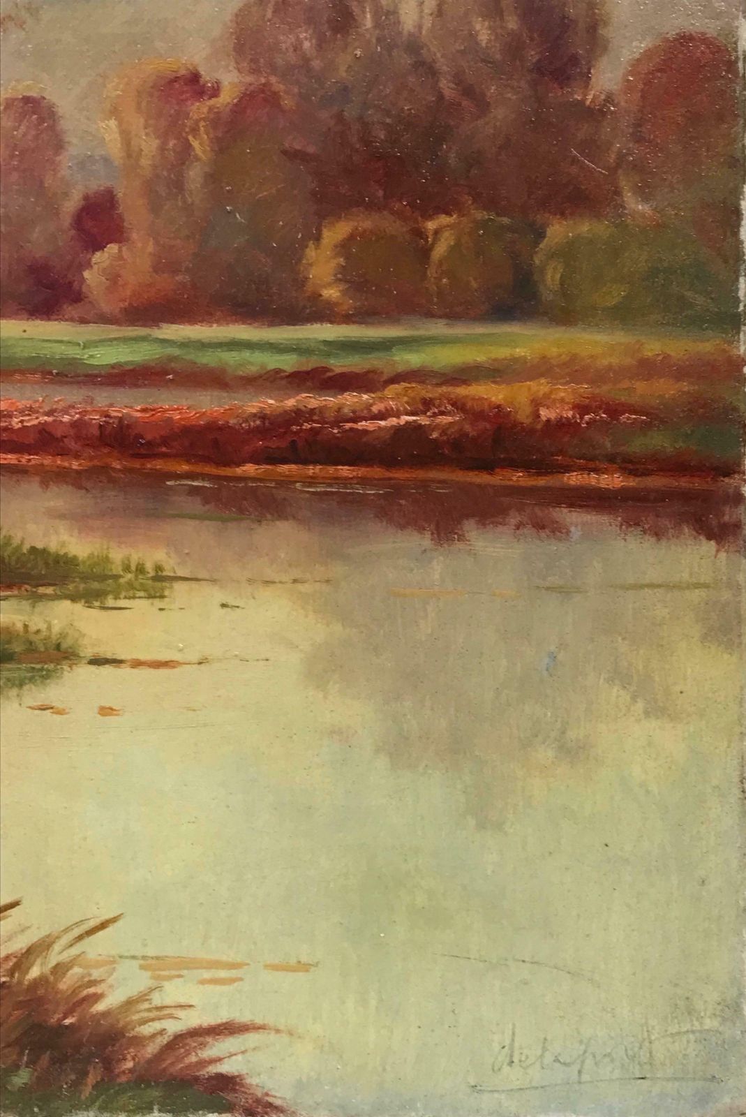 20th Century French Schoolearly 20th Century French Siged Oil Two Figures Autumn Landscape By Lake photo vinterior