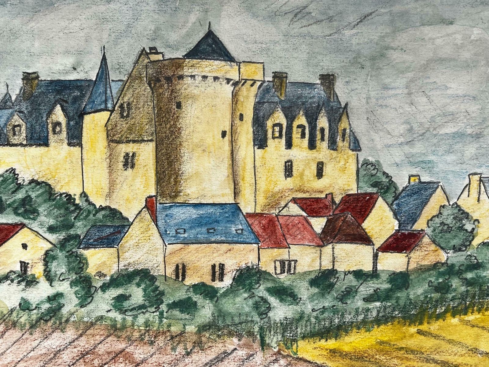 Bernard Labbe1950's Modernist/ Cubist Painting   Colourful Castle Landscape1950's photo furniture