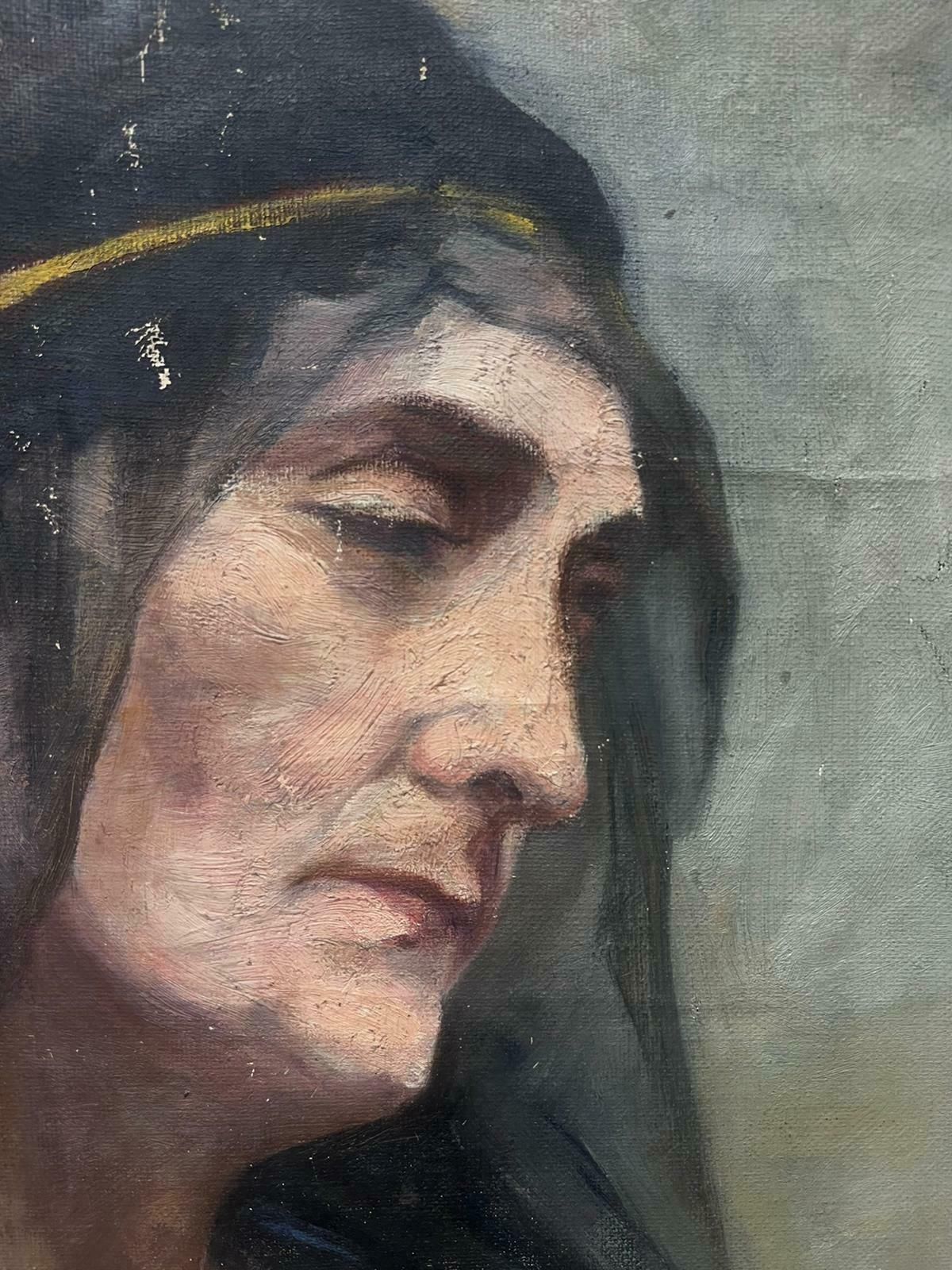 Louise Alix1930's French Oil Portrait Lady With Sheer Black Head Scarf1940's photo furniture