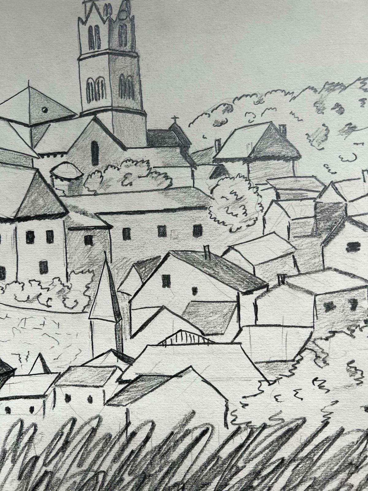 Bernard Labbe1950's Modernist/ Cubist Painting   Drawing Church And Houses1950's photo Art
