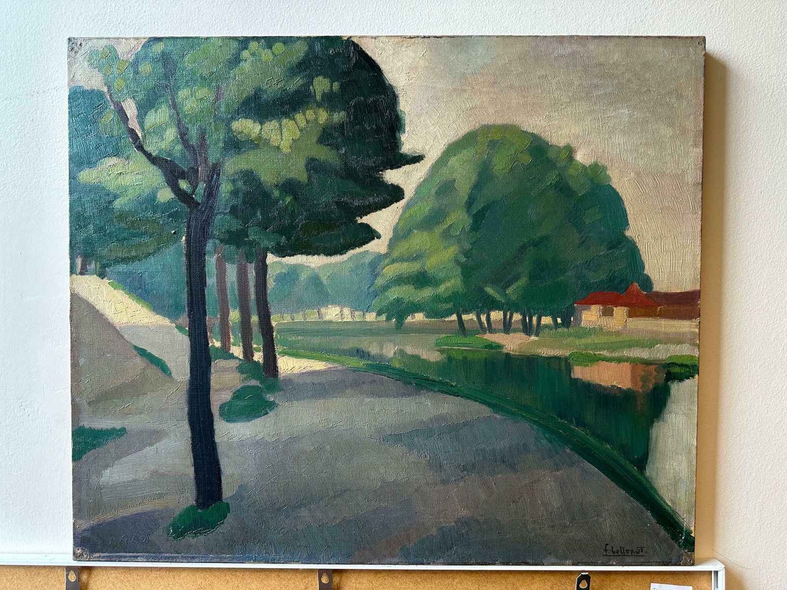 F. Bellenotmid 20th Century French Signed Oil Moody Atmospheric Green River Landscape Town1950's photo furniture