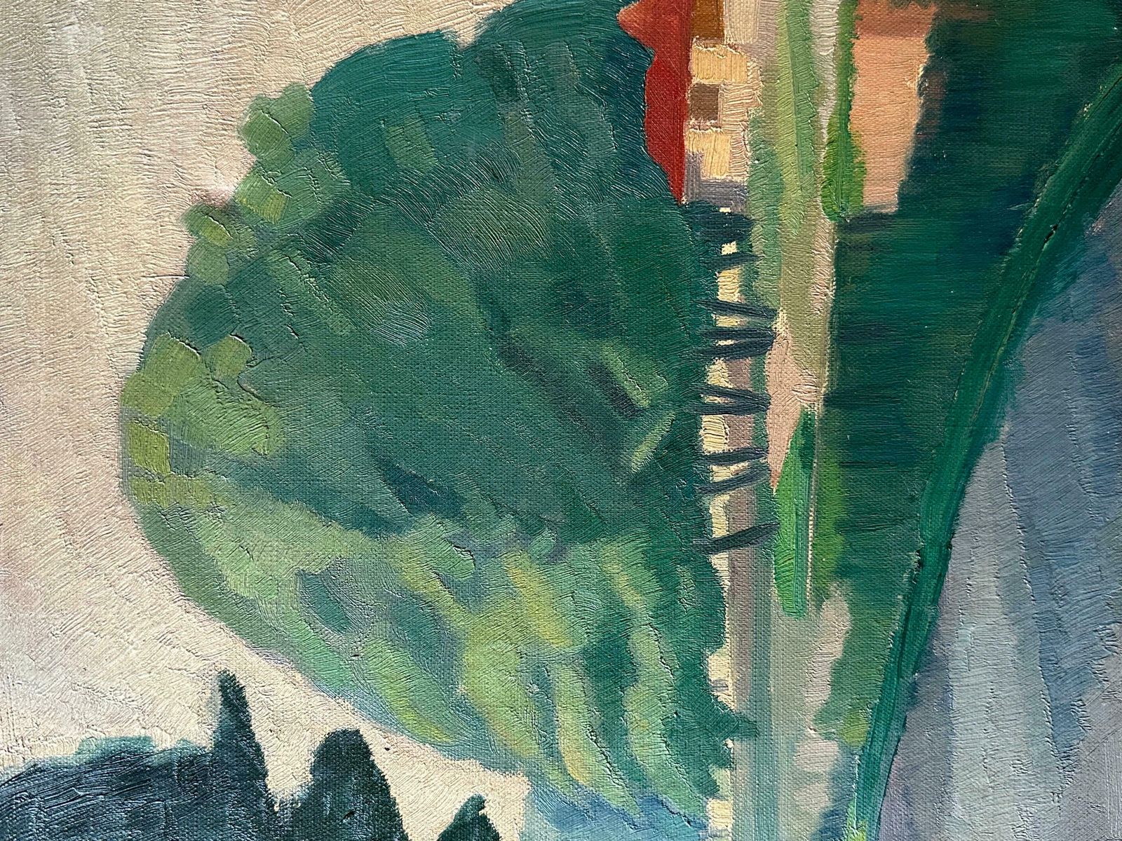 F. Bellenotmid 20th Century French Signed Oil Moody Atmospheric Green River Landscape Town1950's photo Art