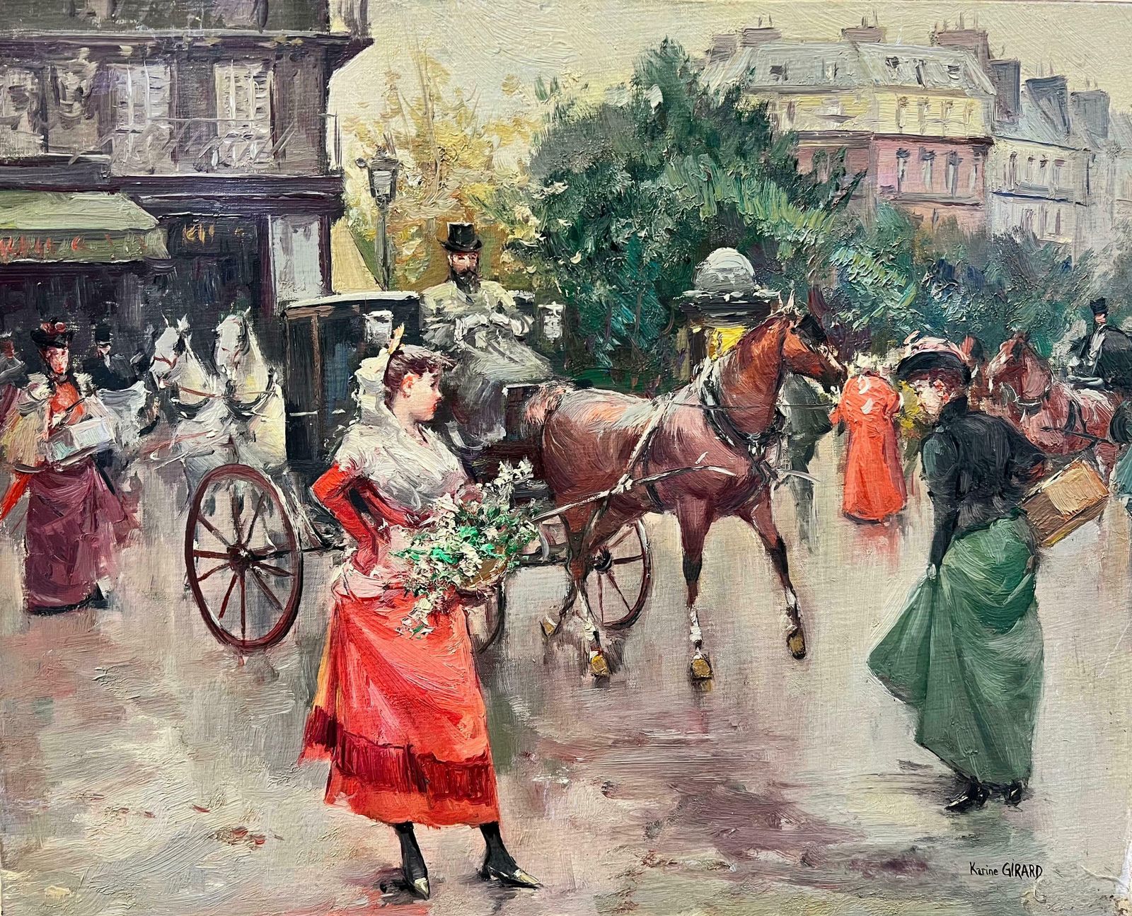 20th Century French Schoolelegant Belle Epoque Parisian Scene Horse & Carriage Flower Sellers & Ladies