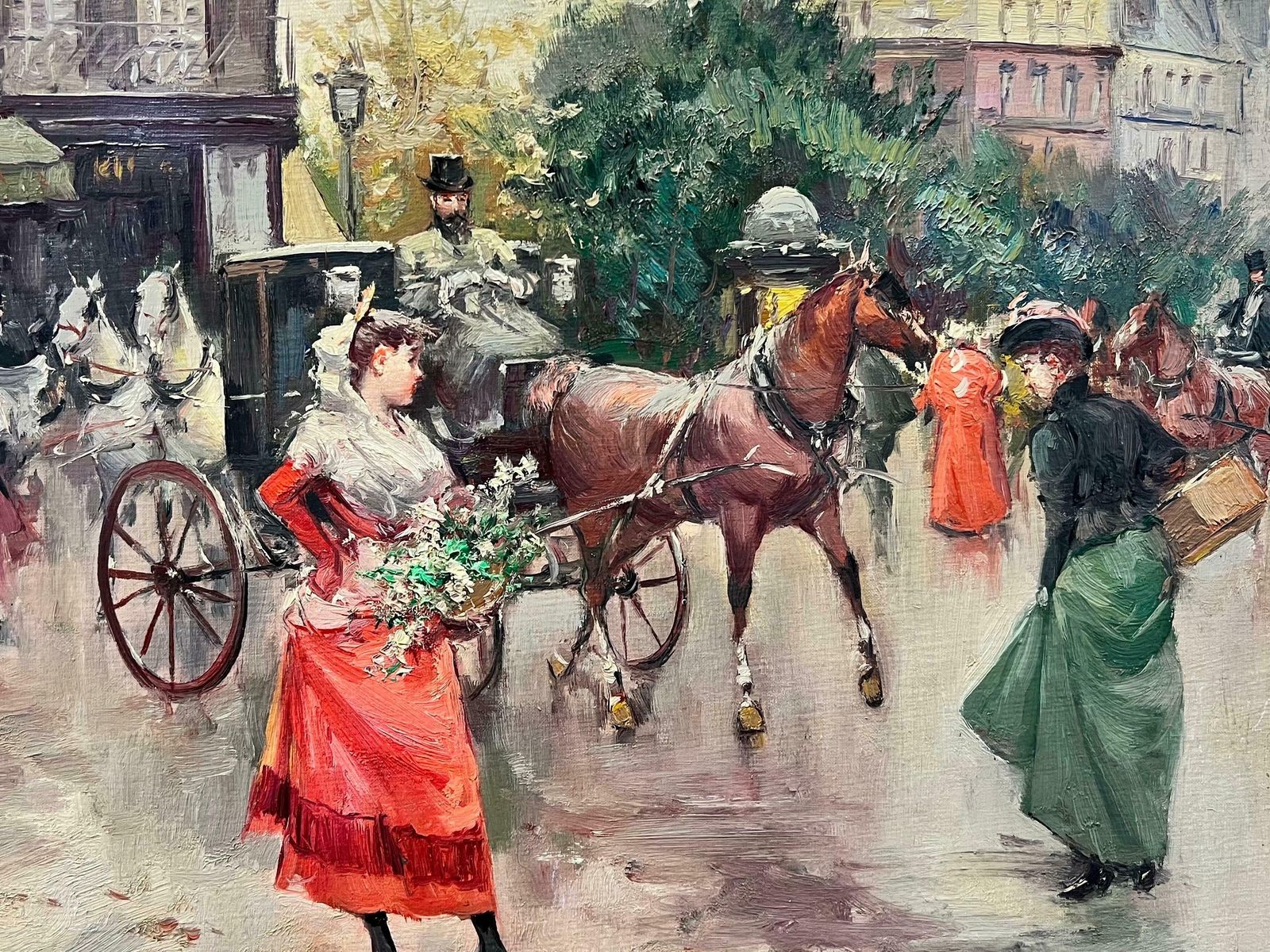 20th Century French Schoolelegant Belle Epoque Parisian Scene Horse & Carriage Flower Sellers & Ladies photo furniture