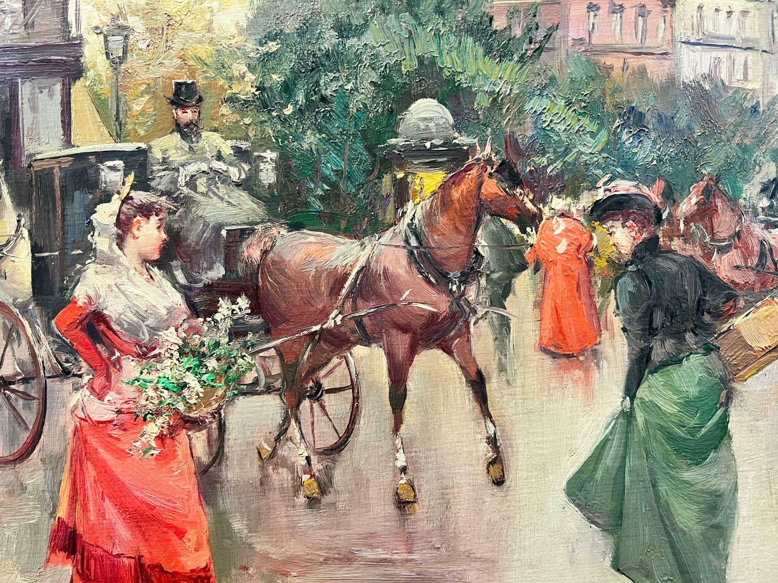 20th Century French Schoolelegant Belle Epoque Parisian Scene Horse & Carriage Flower Sellers & Ladies photo 1508.0