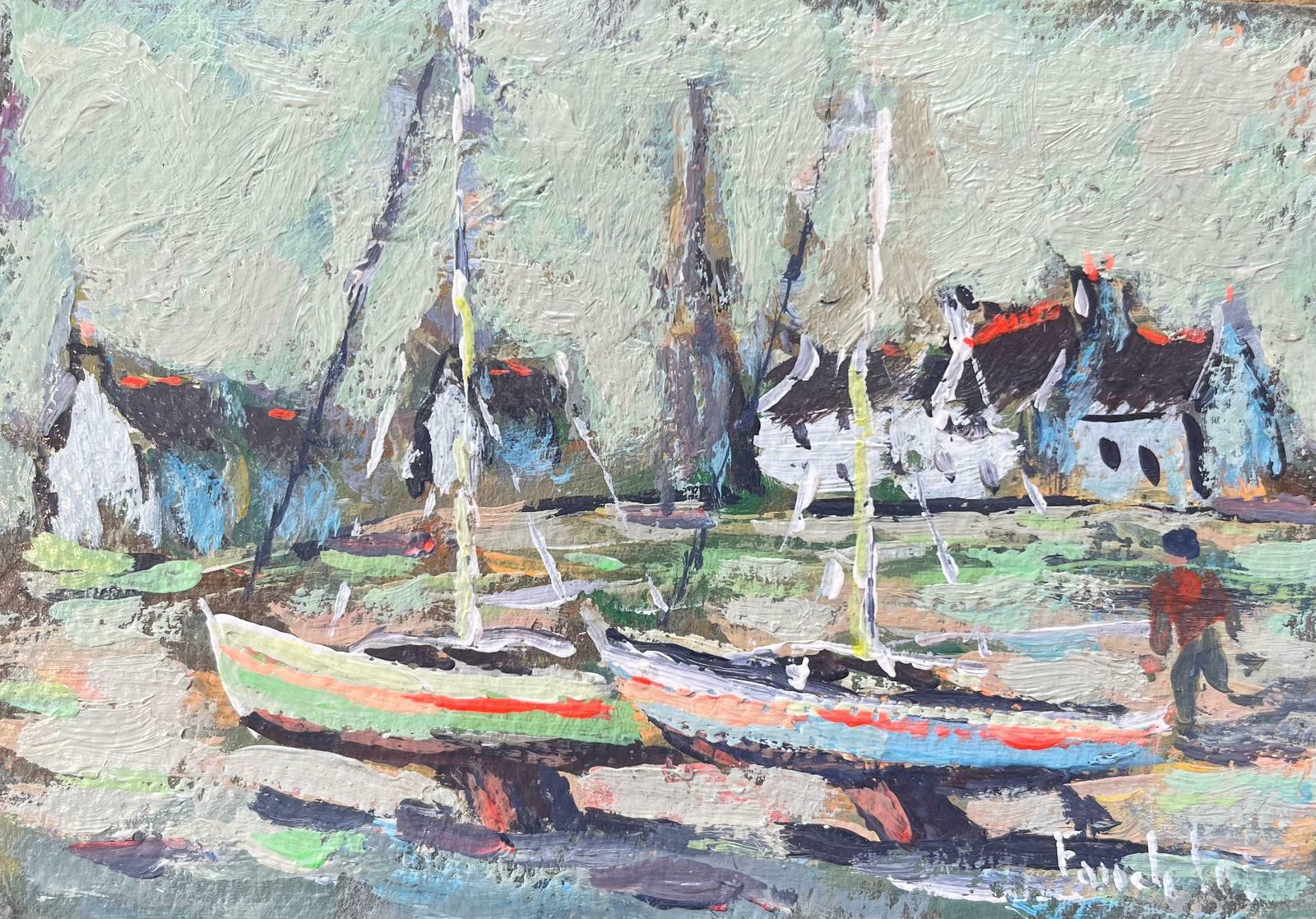 Fanch Lelfrench Impressionist Oil Painting Of Boats By The Sea In Breton Village2004