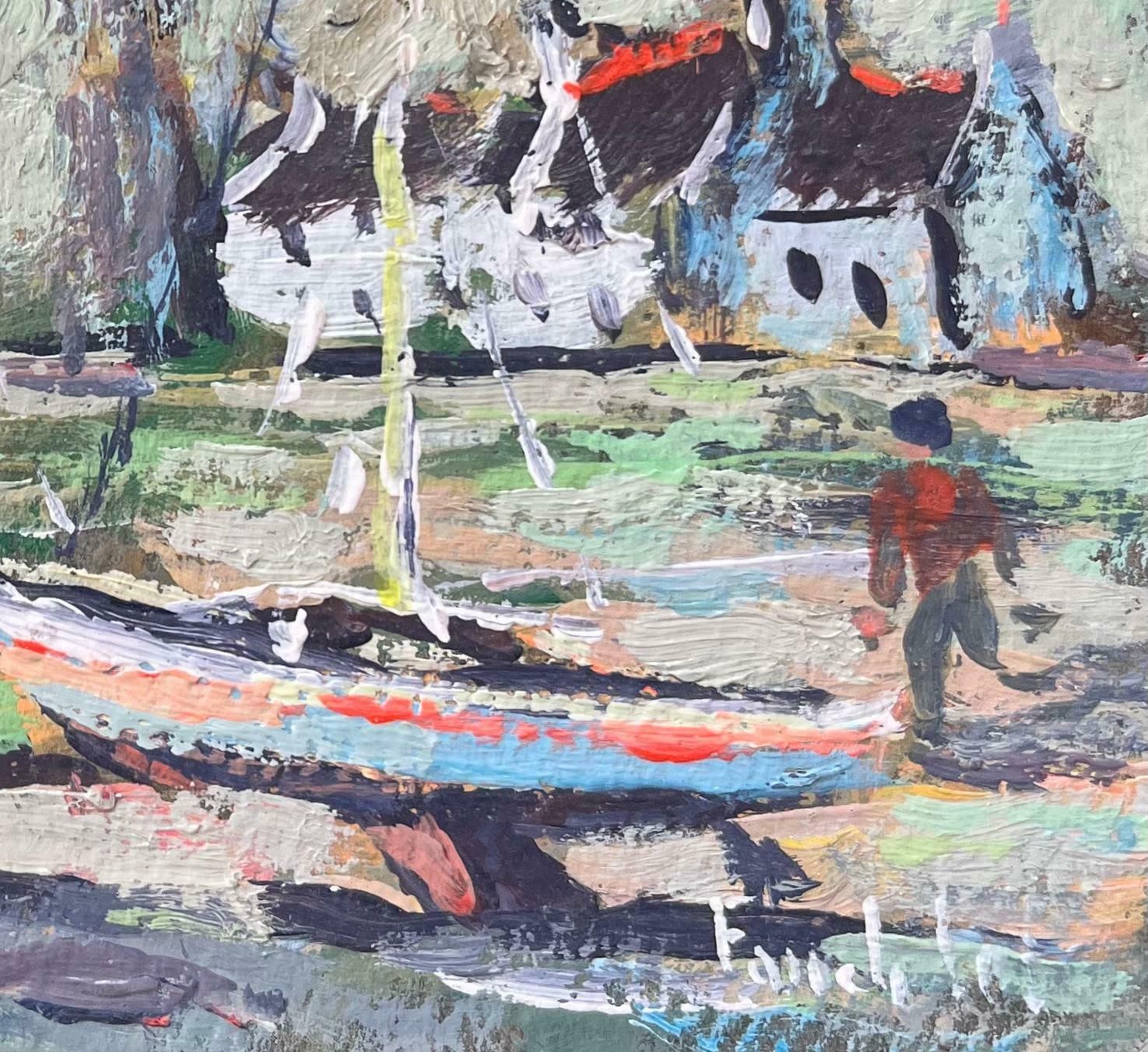 Fanch Lelfrench Impressionist Oil Painting Of Boats By The Sea In Breton Village2004 photo for sale