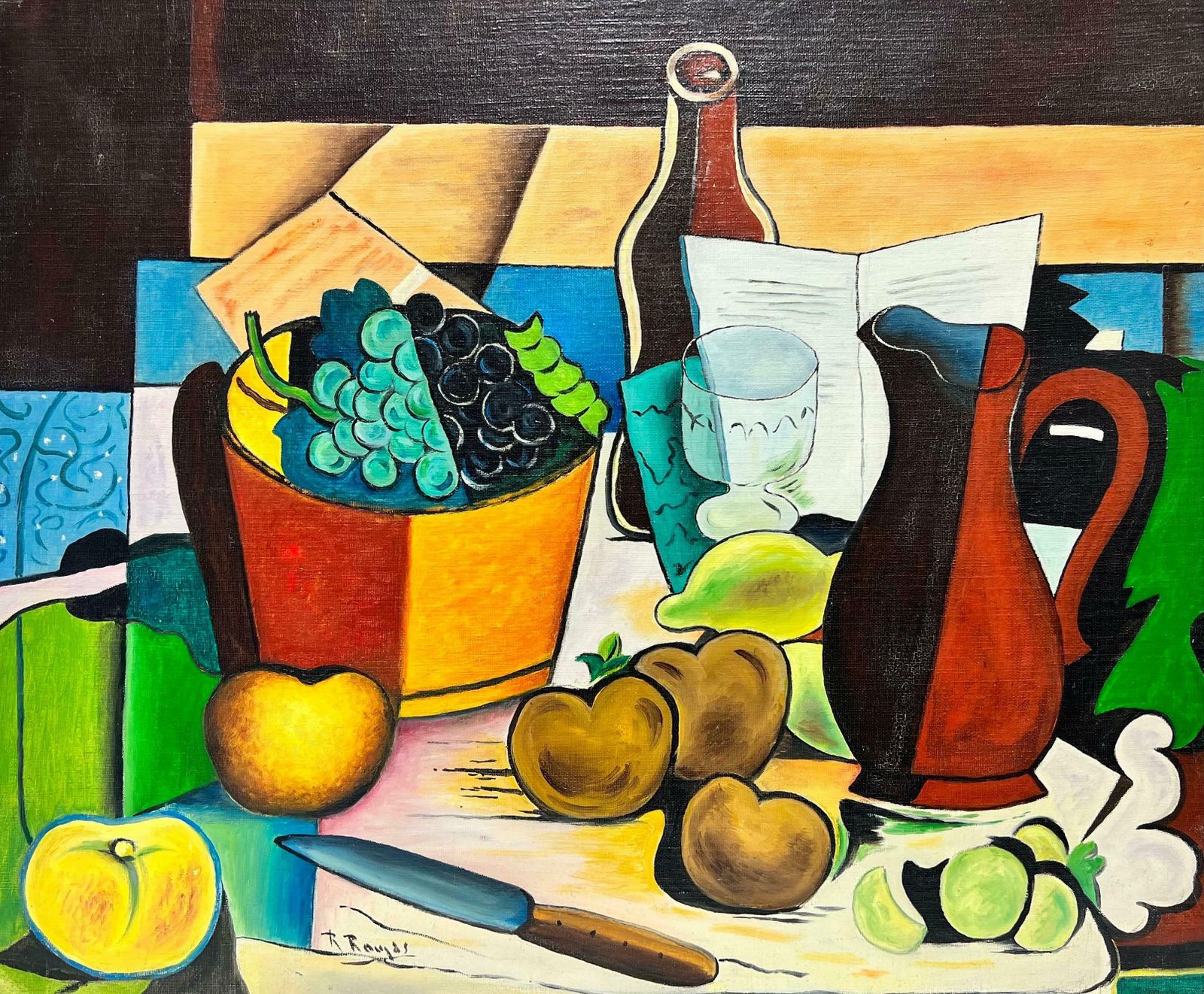 Robert Roujasfrench Cubist Still Life Signed Painting Fruit & Wine On Table, 20th Century