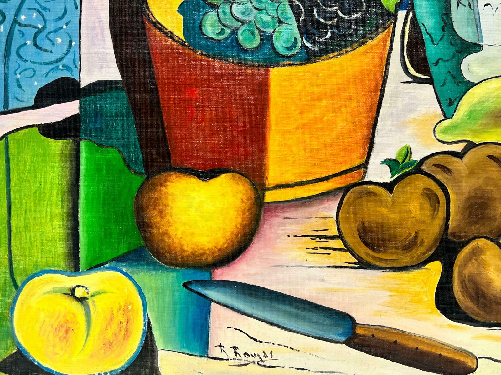 Robert Roujasfrench Cubist Still Life Signed Painting Fruit & Wine On Table, 20th Century photo furniture