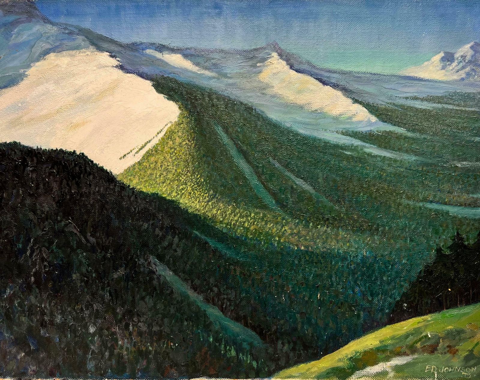 E. Johnson1950's British Modernist Oil Painting Cumberland Lake District Dramatic View