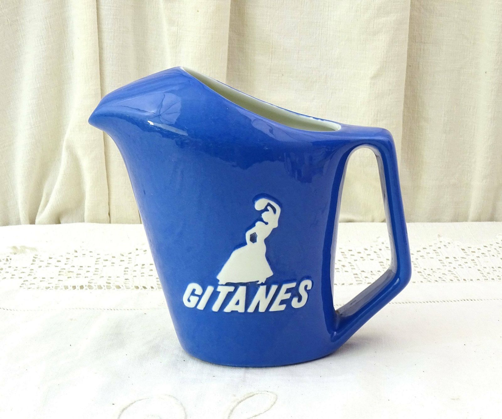 Vintage French 1950s Gitanes Cigarette Promotional Bistro Bar Cafe Water Pitcher Blue And White, Retro Mid Century Modern Advertising Jug