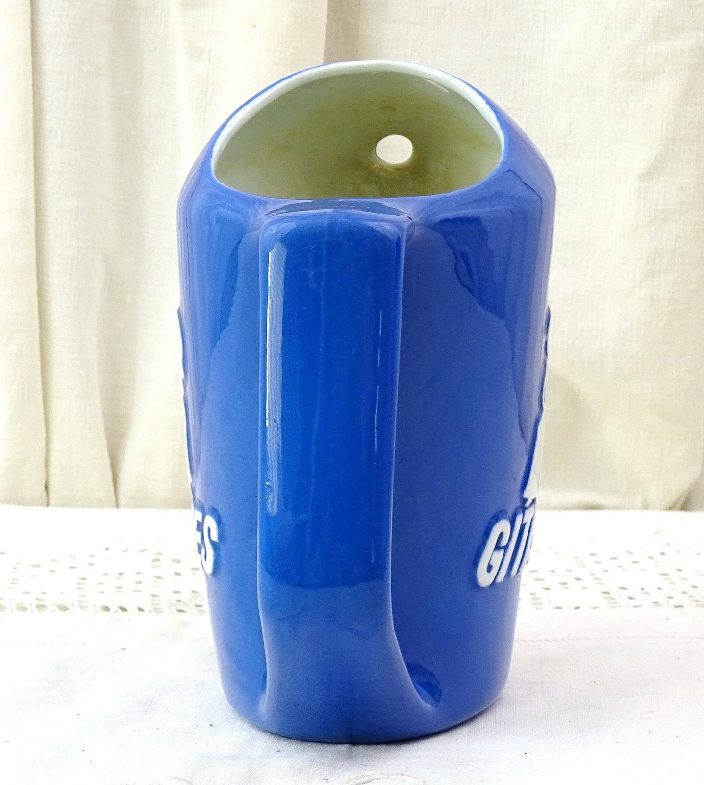 Vintage French 1950s Gitanes Cigarette Promotional Bistro Bar Cafe Water Pitcher Blue And White, Retro Mid Century Modern Advertising Jug photo furniture