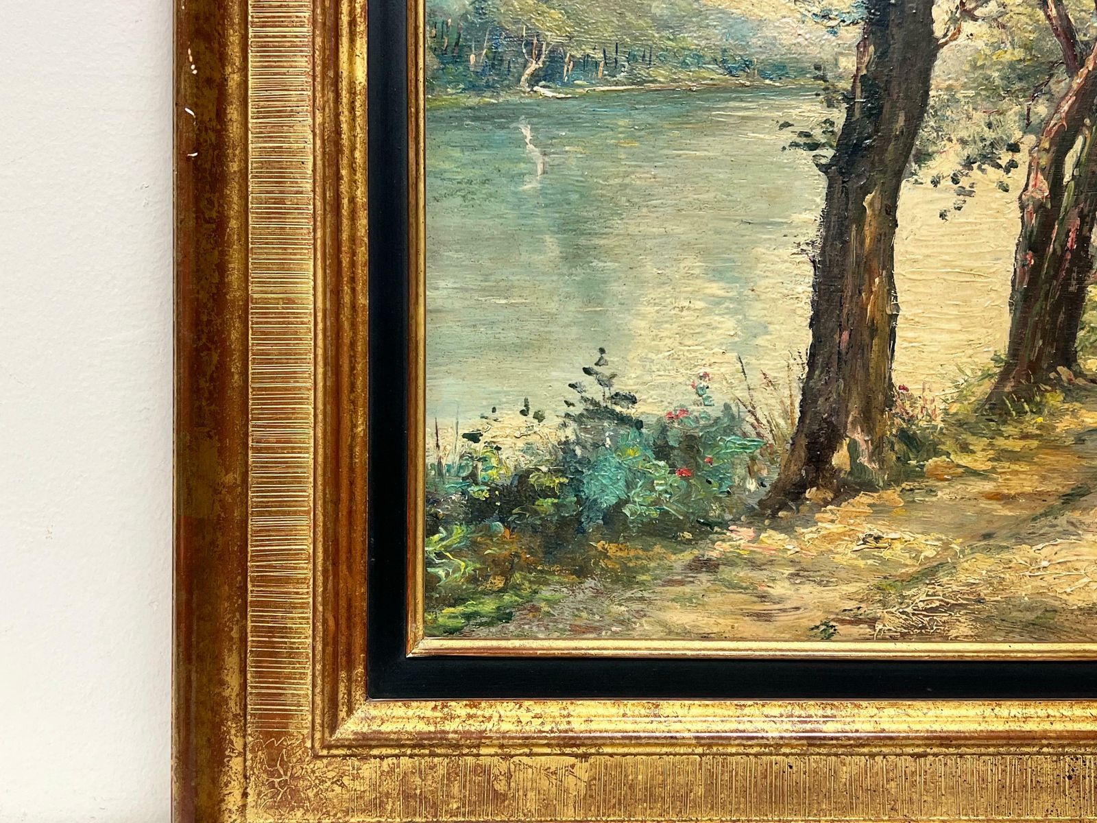Mid Century Frenchbeautiful 1950's French Signed Oil Dappled Light Riverside Pathway, Framed photo Art