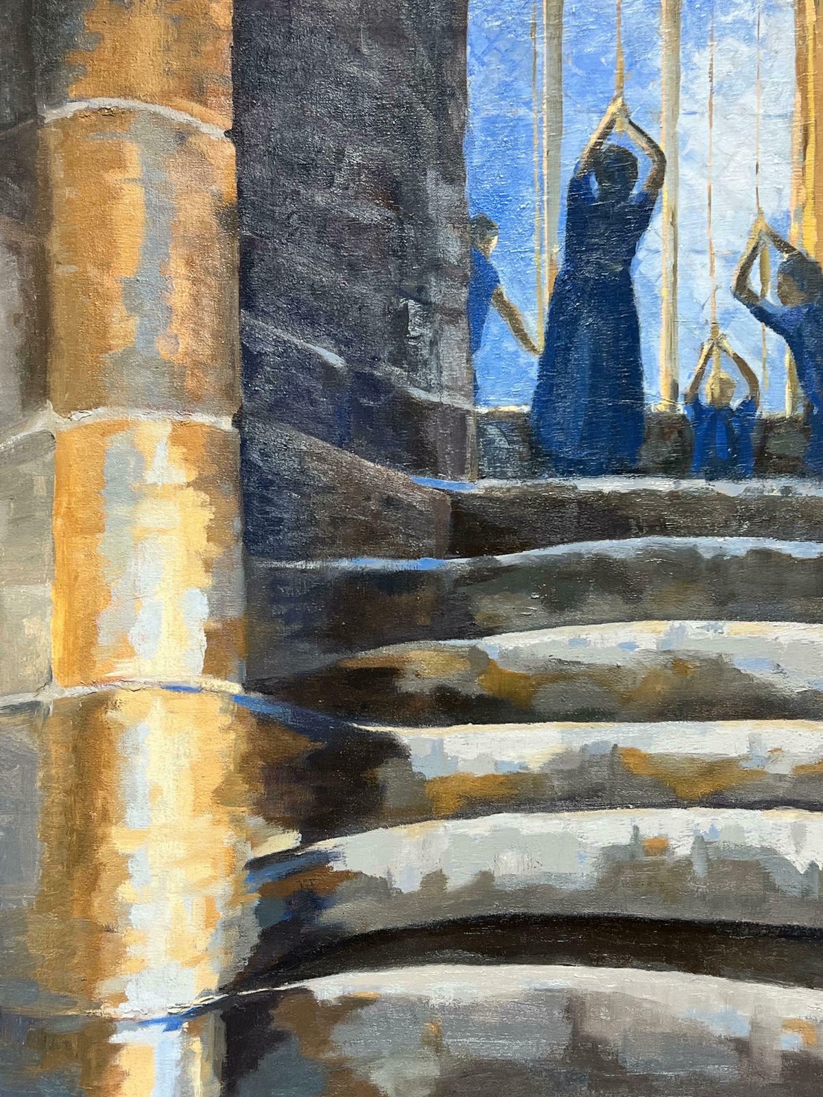 Jill Jacksonmodern British Oil Painting Bell Ringers In Church Interior, Large Original Work photo Art