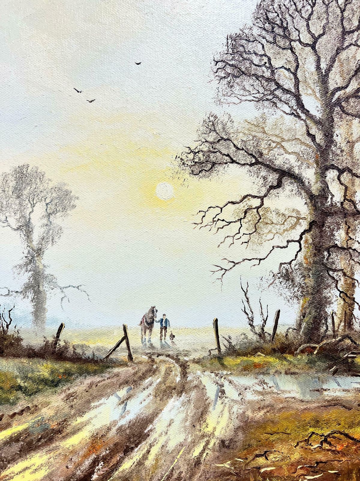 Spencer Colemanrural English Landscape Sunrise With Plough Horse, Farmer & Dog, Signed Oil photo 895.0