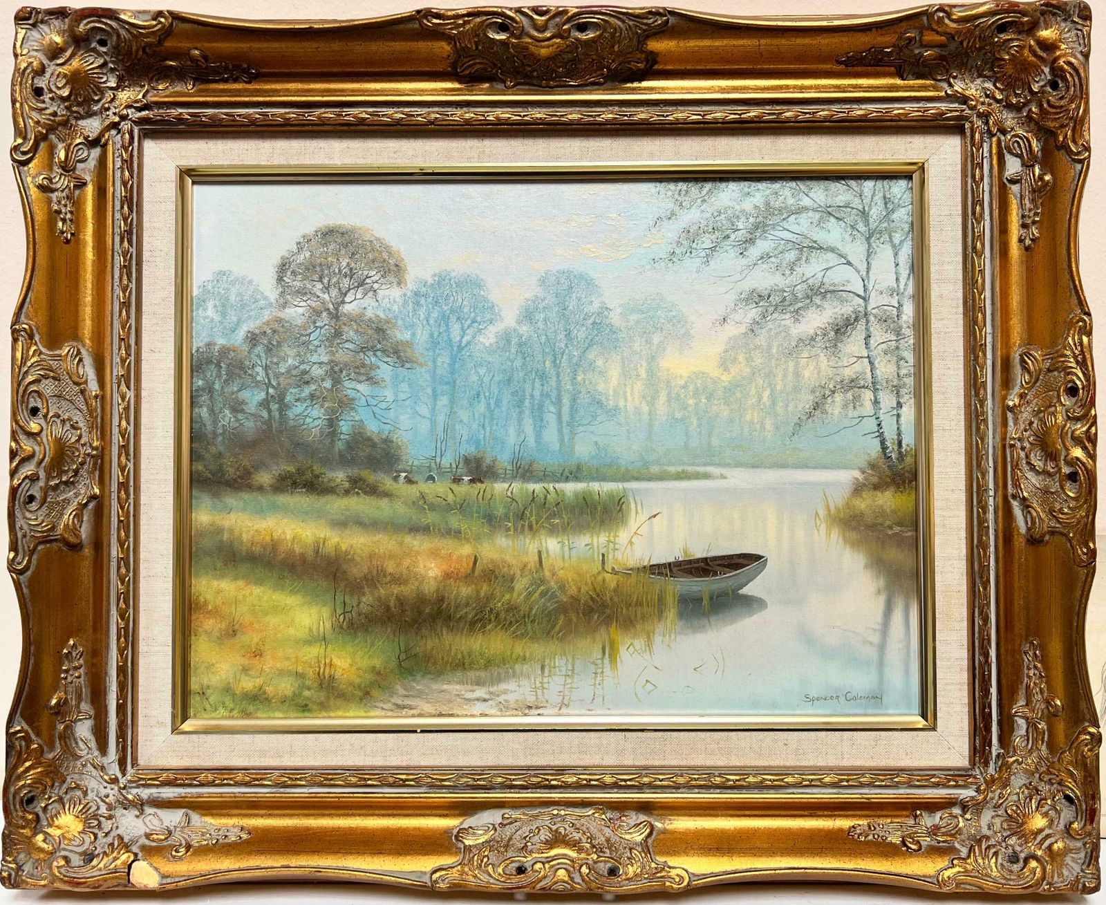 Spencer Colemansunrise Over Tranquil River Landscape With Cattle Grazing In Meadows English Oil