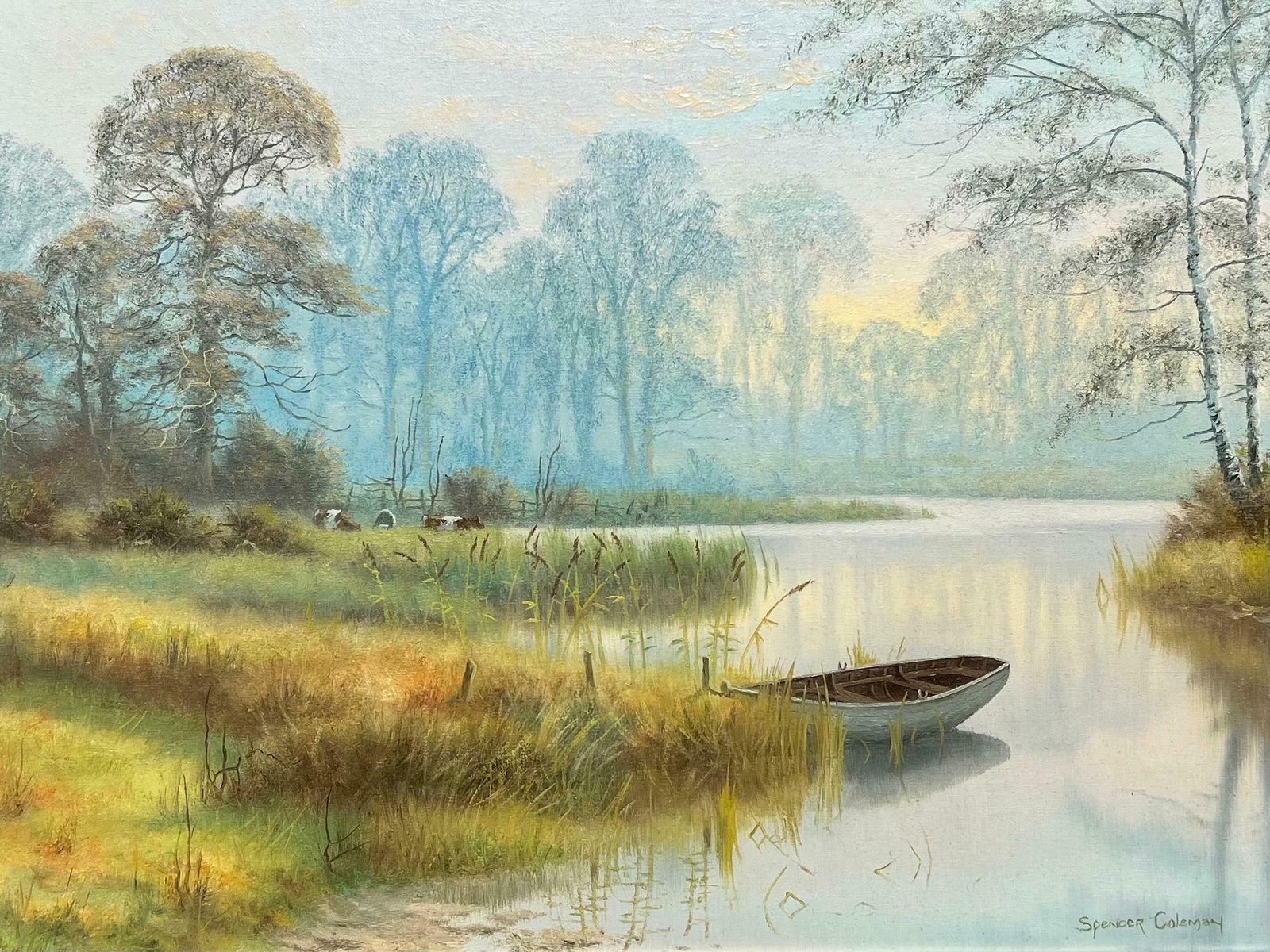 Spencer Colemansunrise Over Tranquil River Landscape With Cattle Grazing In Meadows English Oil photo Art
