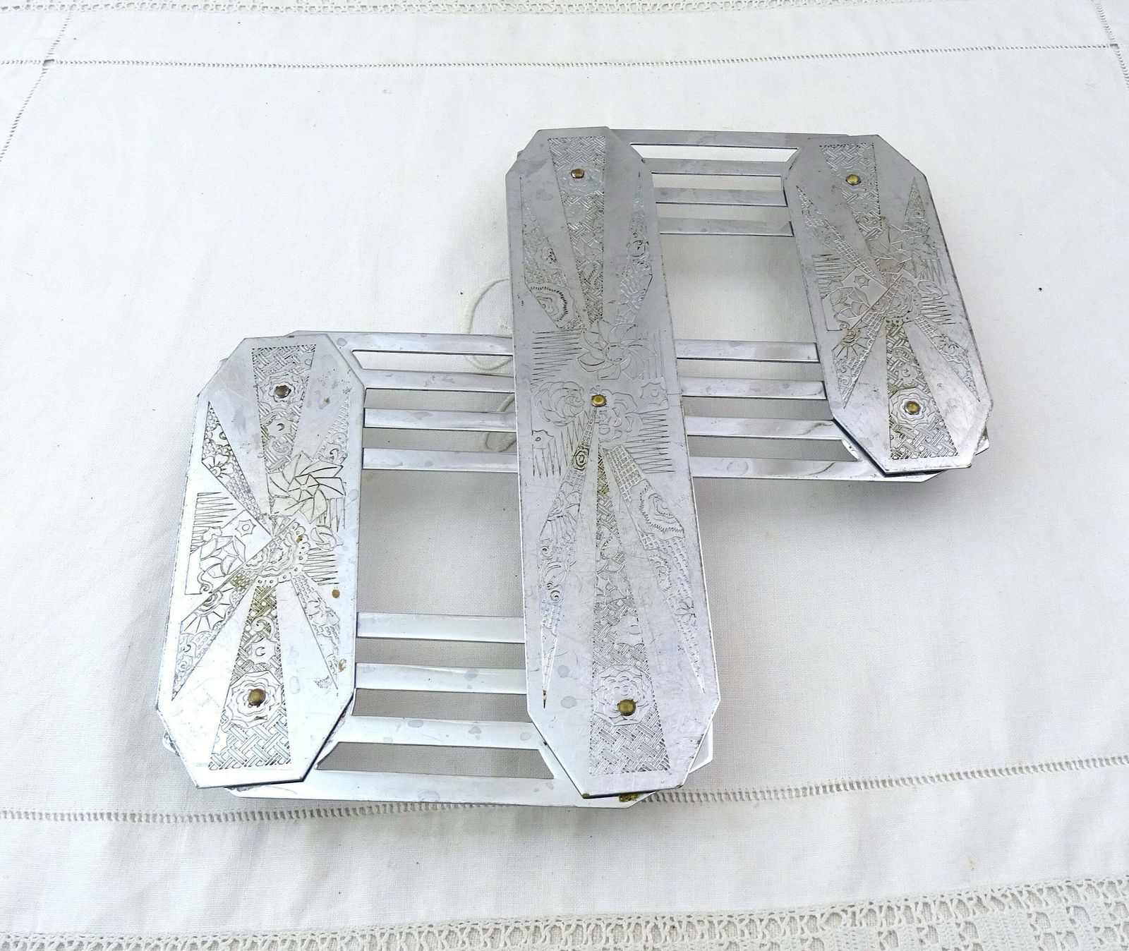 Vintage French Art Deco Chrome Plated Concertina Table Heat Mat, Retro Folding Metal Trivet France, Old Style Space Saver Kitchen Accessory photo for sale