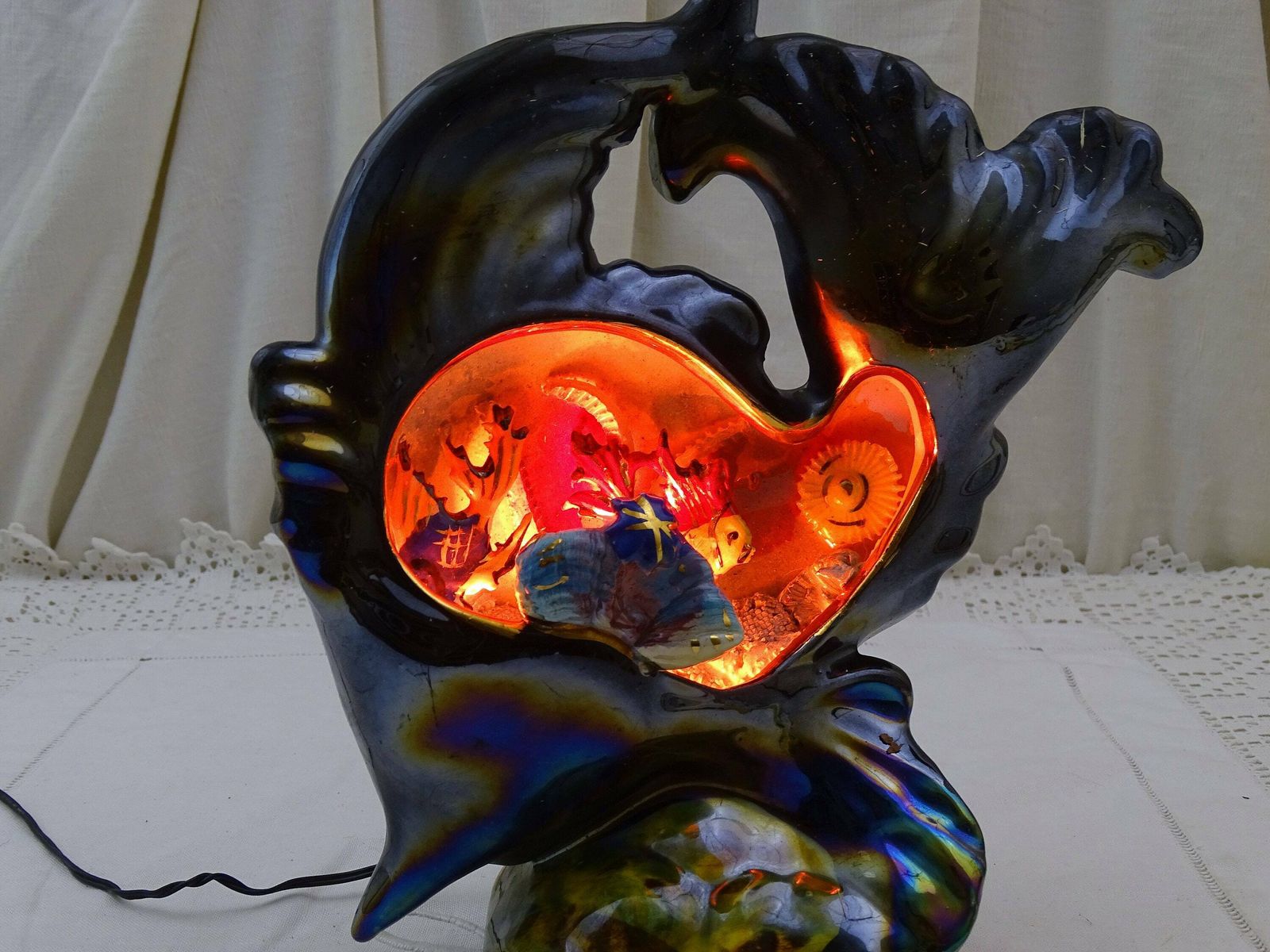 French Vintage Mid Century Vallauris Table Lamp Fish, Retro 1960s Monaco Encrusted Light, Kitsch Fun Novelty Zoomorphic Seaside Lighting photo for sale