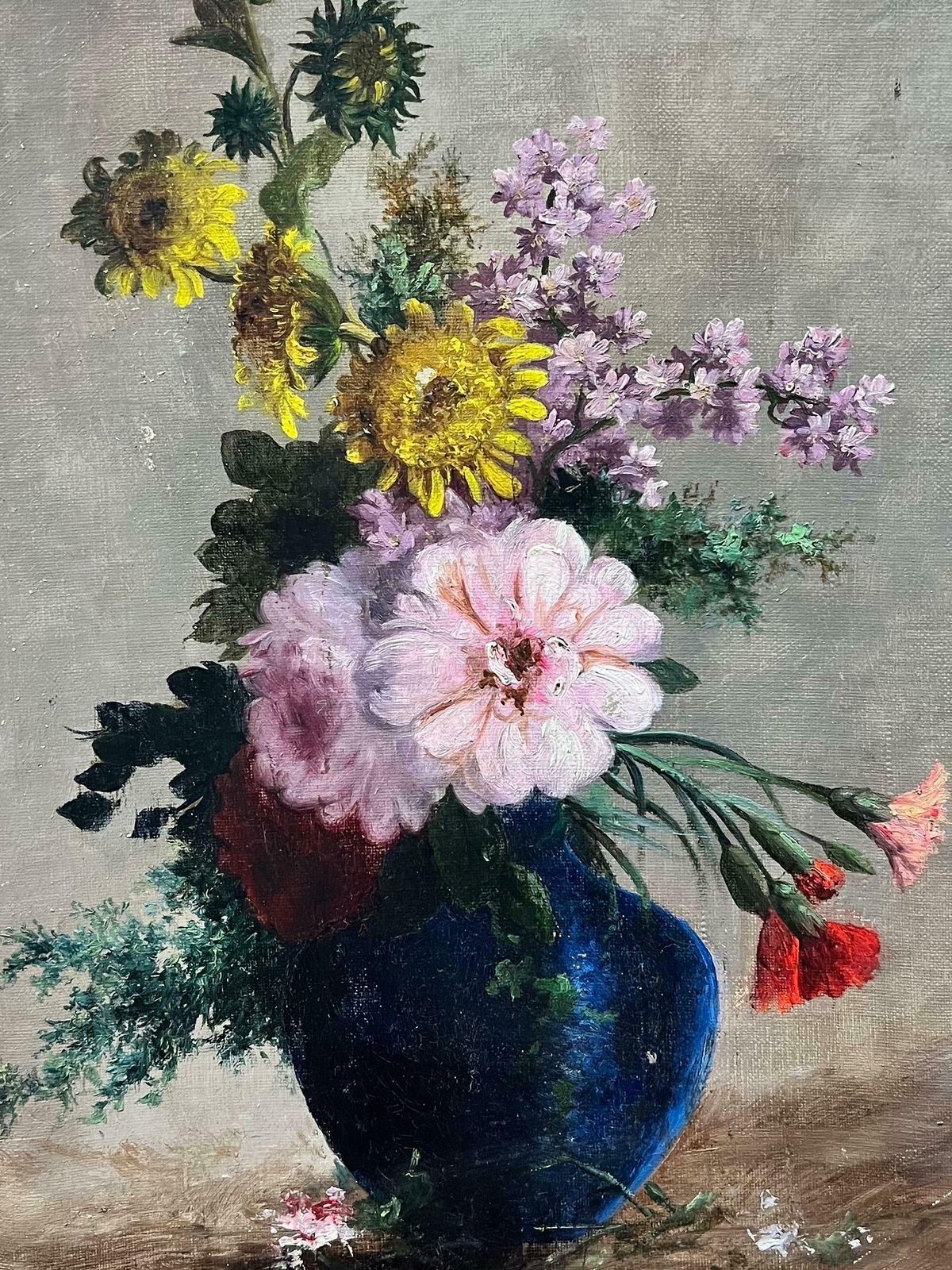 Antique Frenchfine Antique French Flower Painting, Signed Oil Beautiful Flowers In Blue Vase photo furniture