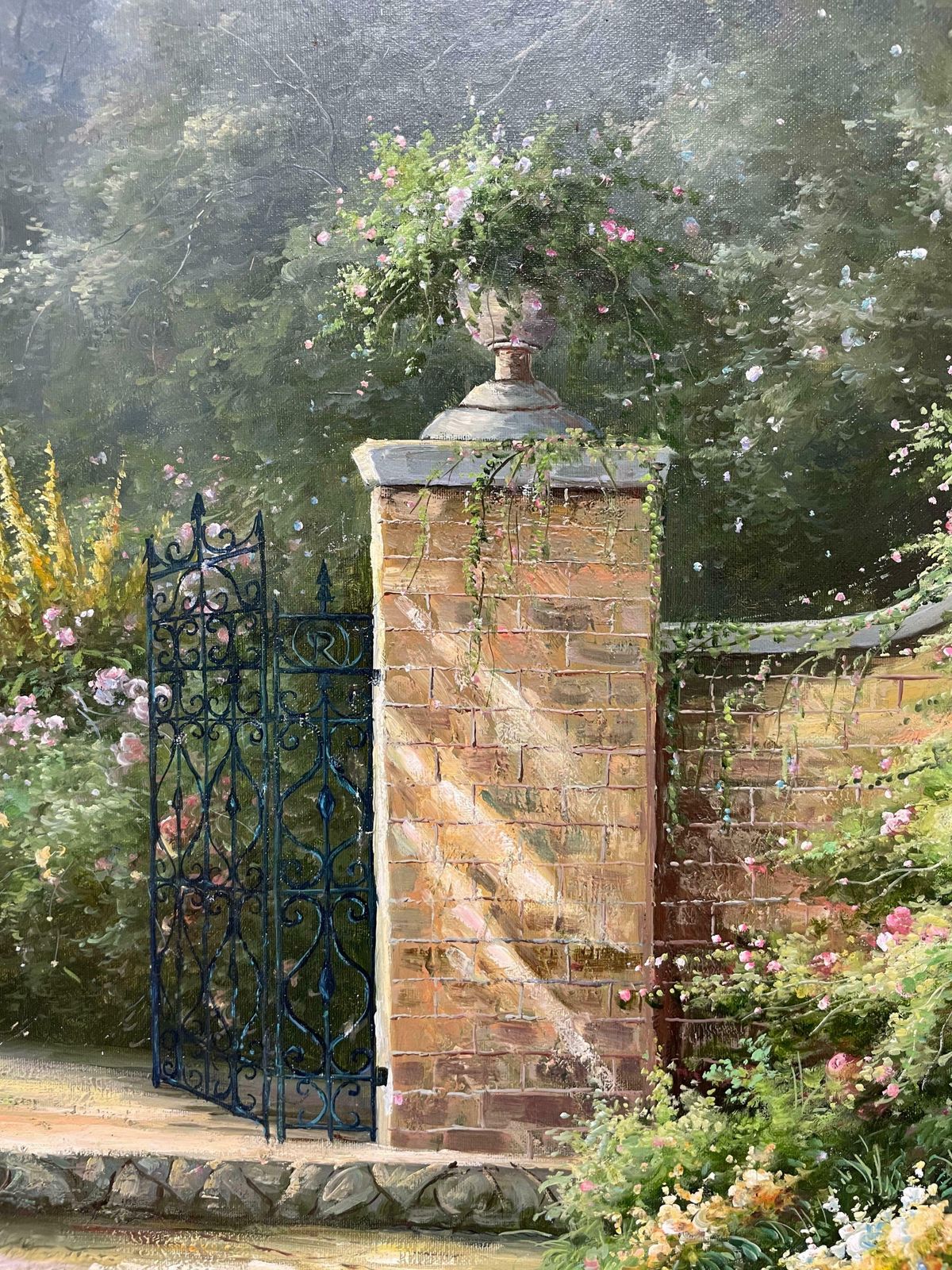 Unknownhuge Impressionist Oil Painting Country Garden With Gates Abundant Flowers C. 2000's photo 2454.0