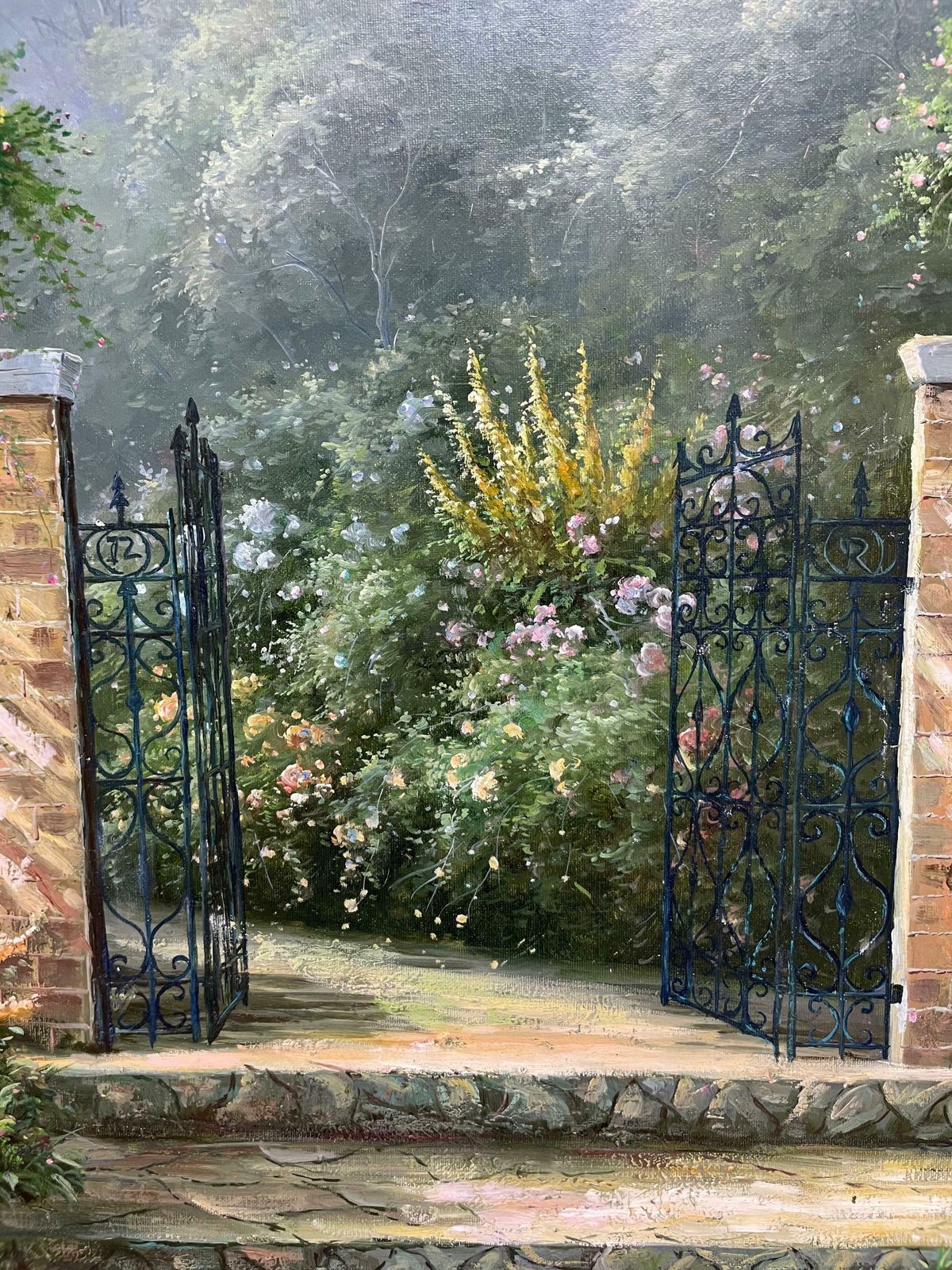 Unknownhuge Impressionist Oil Painting Country Garden With Gates Abundant Flowers C. 2000's photo vinterior