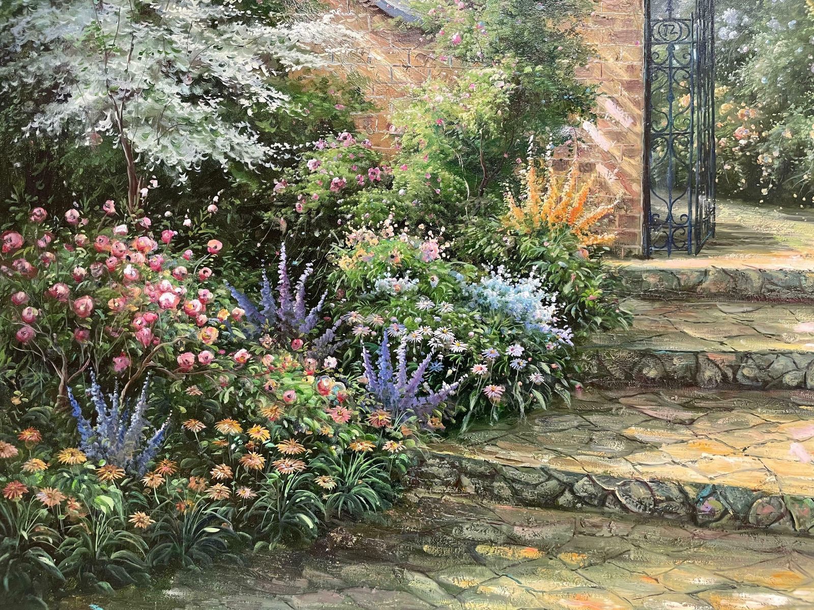 Unknownhuge Impressionist Oil Painting Country Garden With Gates Abundant Flowers C. 2000's photo buy