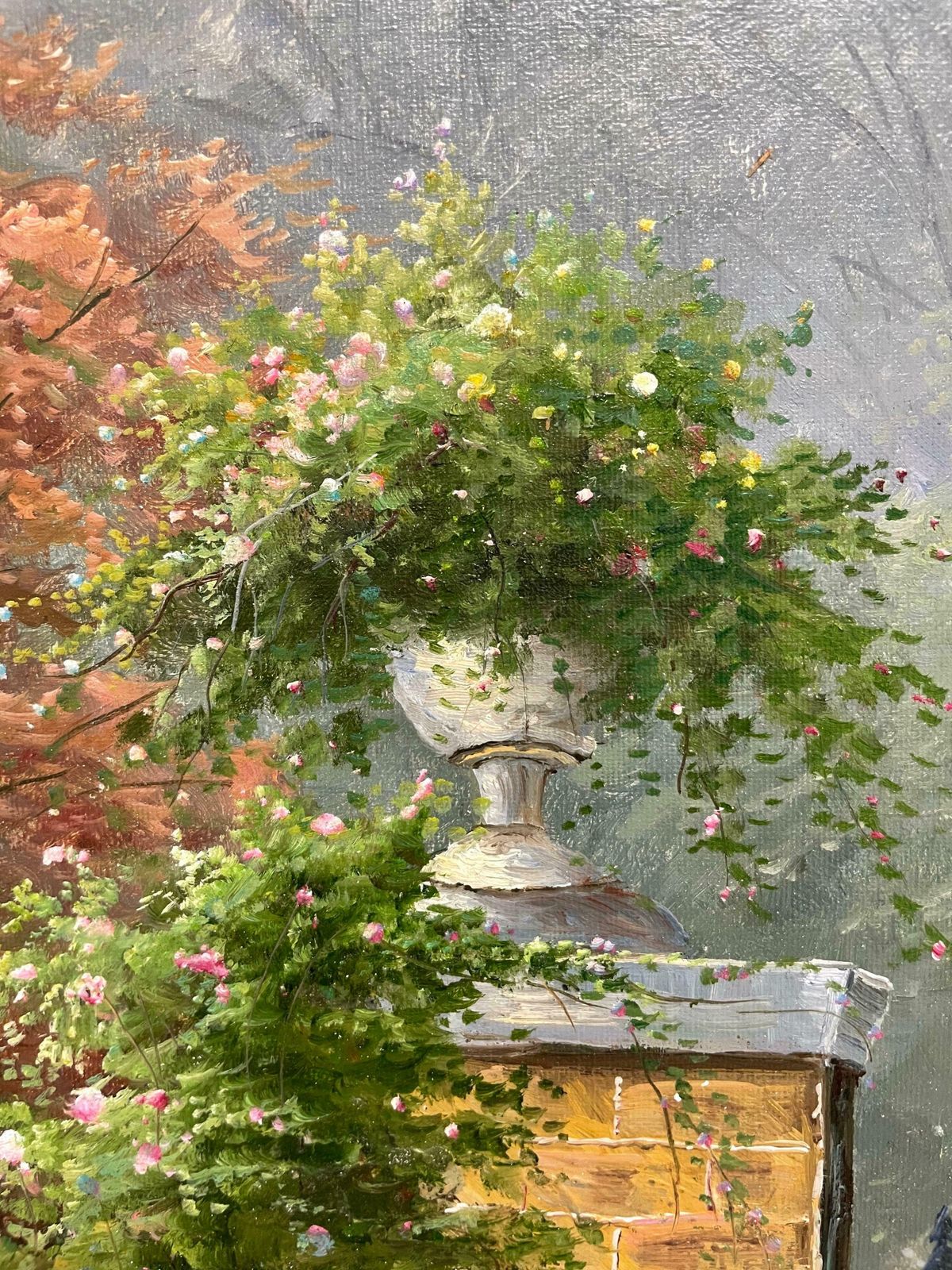 photo furniture Unknownhuge Impressionist Oil Painting Country Garden With Gates Abundant Flowers C. 2000's