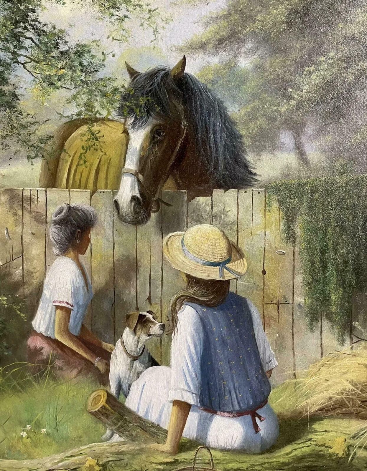 Martin Spencer Colemansigned English Oil Painting Children Feeding Horse With Terrier Dog Lovely Imagec. 2000's photo for sale