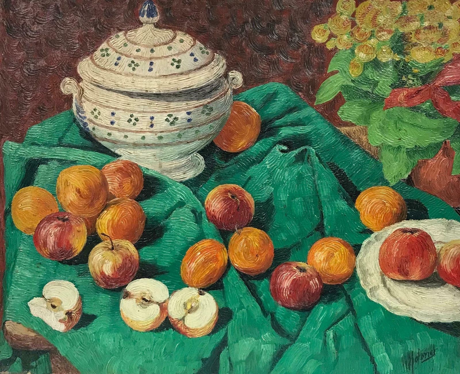 20th Century French Schoolmid Century French Post Impressionist Signed Oil Apples On Green Table Interior