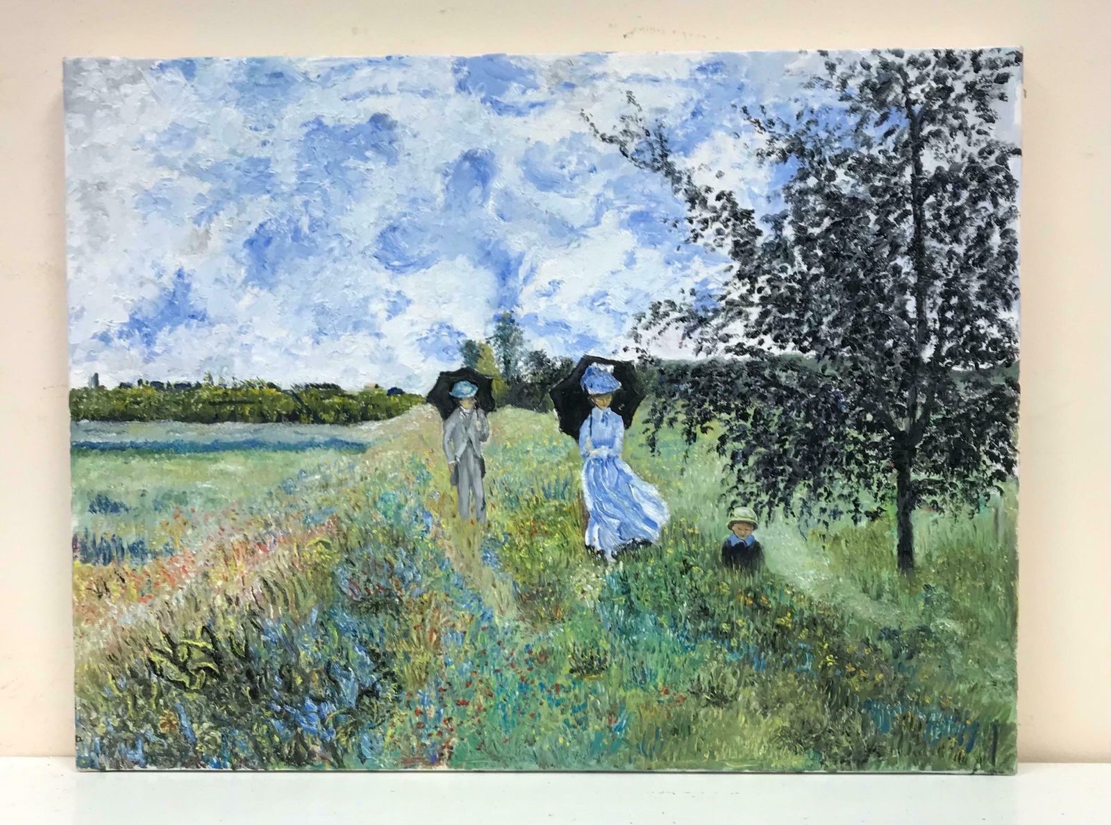20th Century French Schoolfrench Impressionist Oil On Canvas Elegant Family With Parasols Walking In Field photo furniture