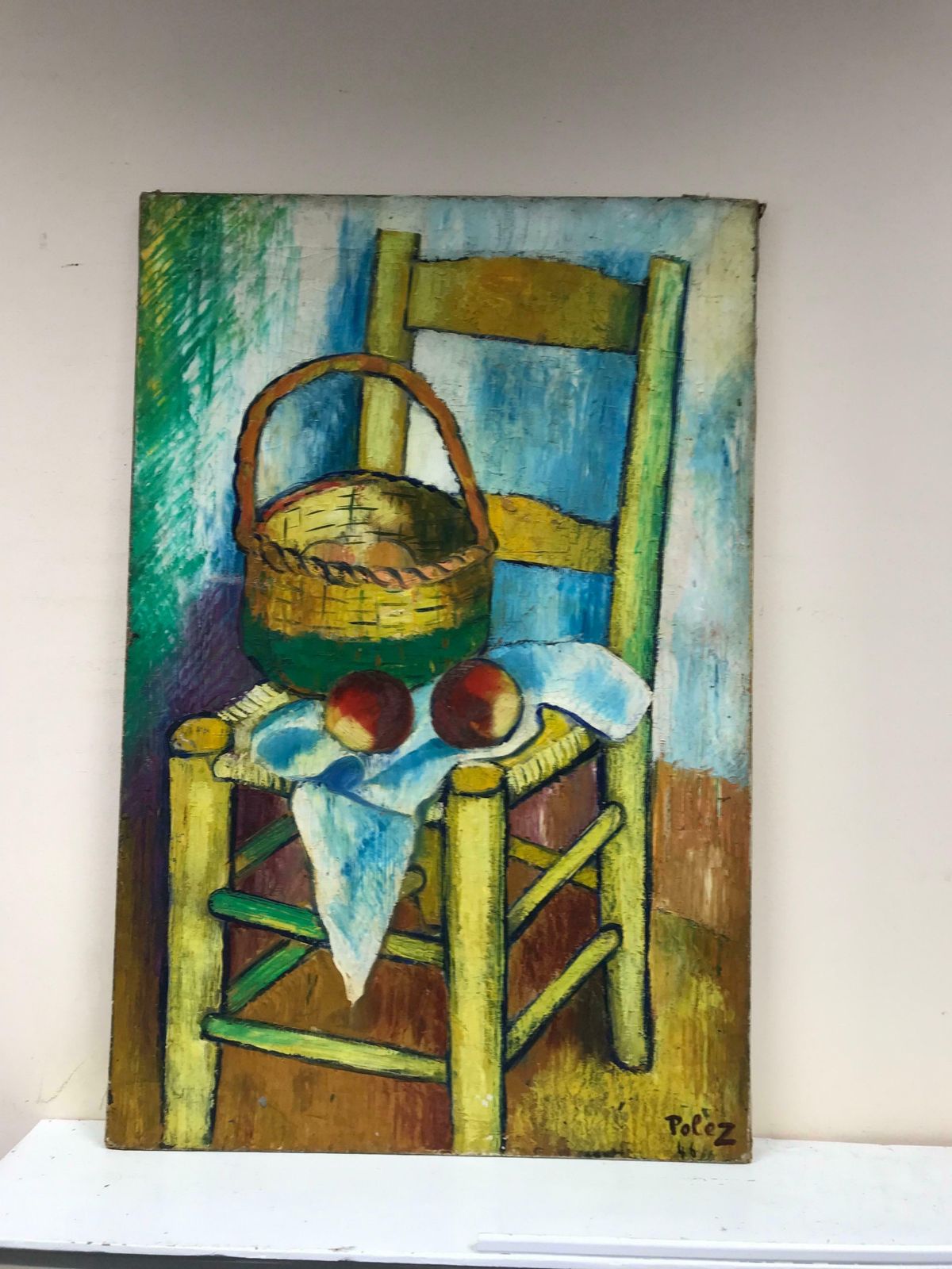 20th Century French Schoollarge 1940's French Post Impressionist Signed Oil   Old Chair With Fruit 1940's photo furniture