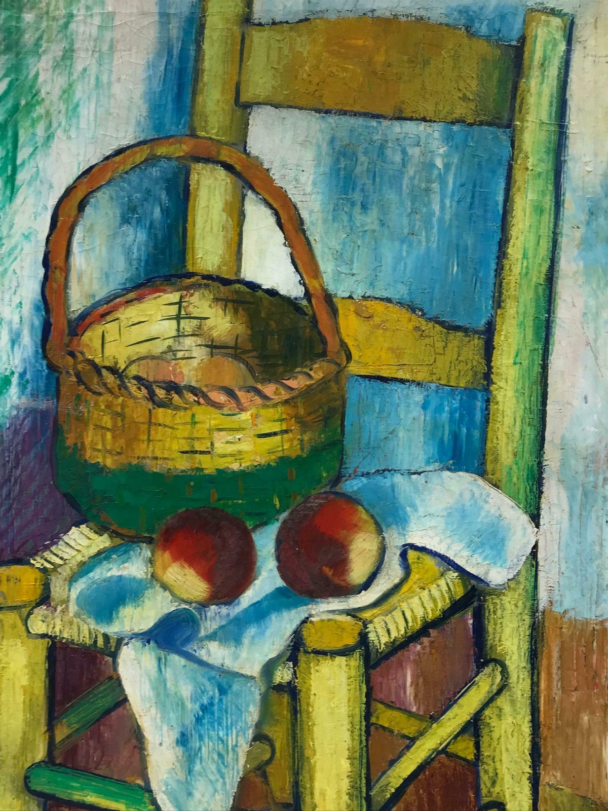 20th Century French Schoollarge 1940's French Post Impressionist Signed Oil   Old Chair With Fruit 1940's photo for sale