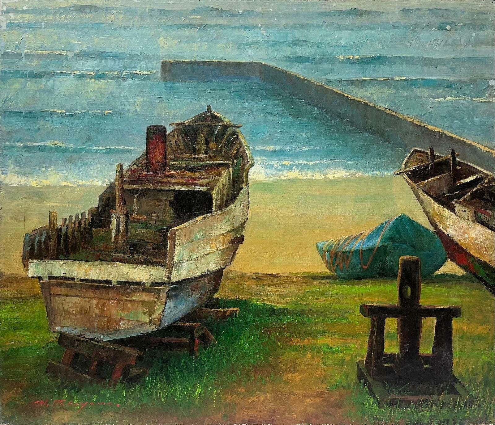 French Schoollarge 20th Century French Post Impressionist Signed Oil Painting Boats On Beach