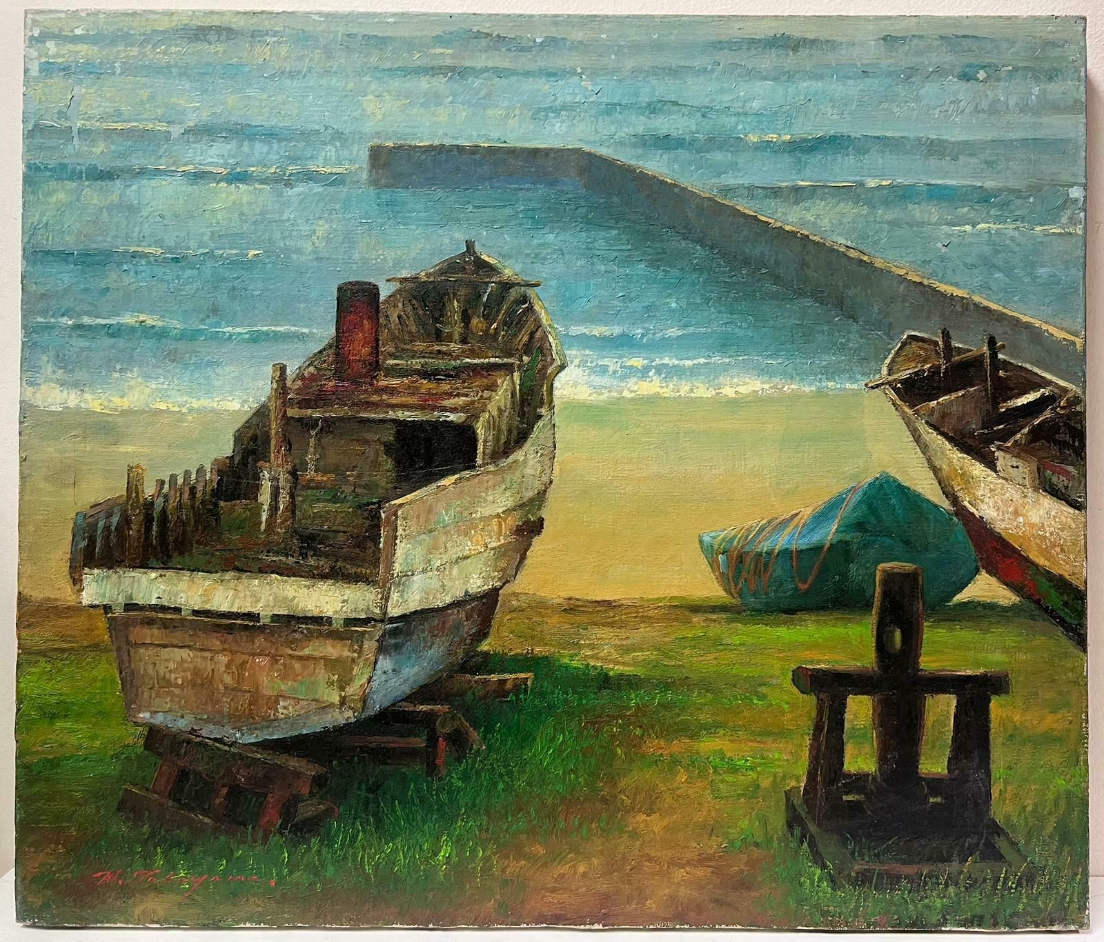 French Schoollarge 20th Century French Post Impressionist Signed Oil Painting Boats On Beach photo furniture