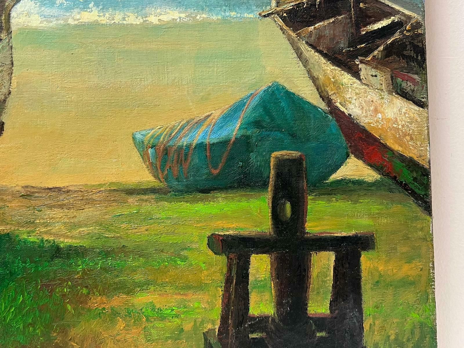 French Schoollarge 20th Century French Post Impressionist Signed Oil Painting Boats On Beach photo for sale