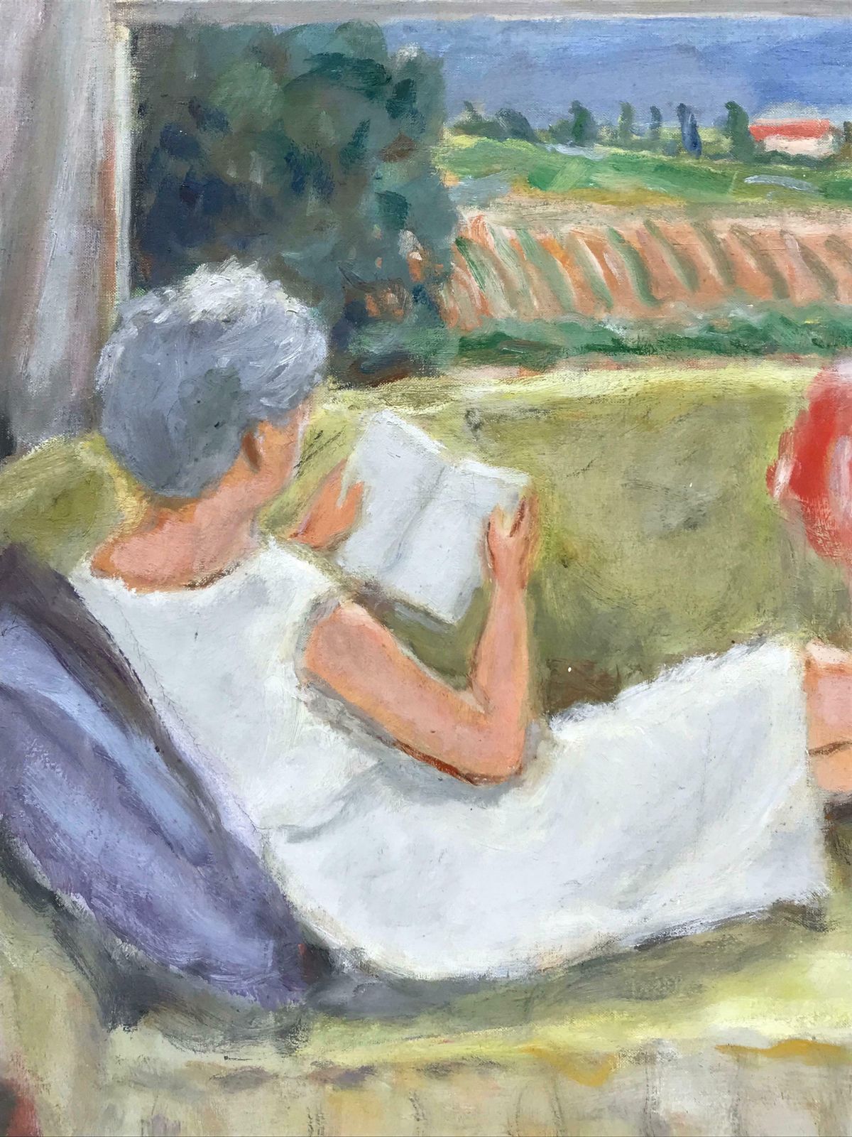 20th Century French Schoollady Sitting In Interior Reading Book Window Overlooking Provence Landscape, Oil photo for sale