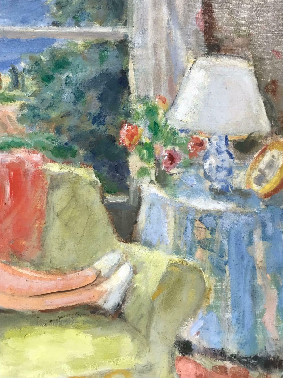 20th Century French Schoollady Sitting In Interior Reading Book Window Overlooking Provence Landscape, Oil photo vinterior