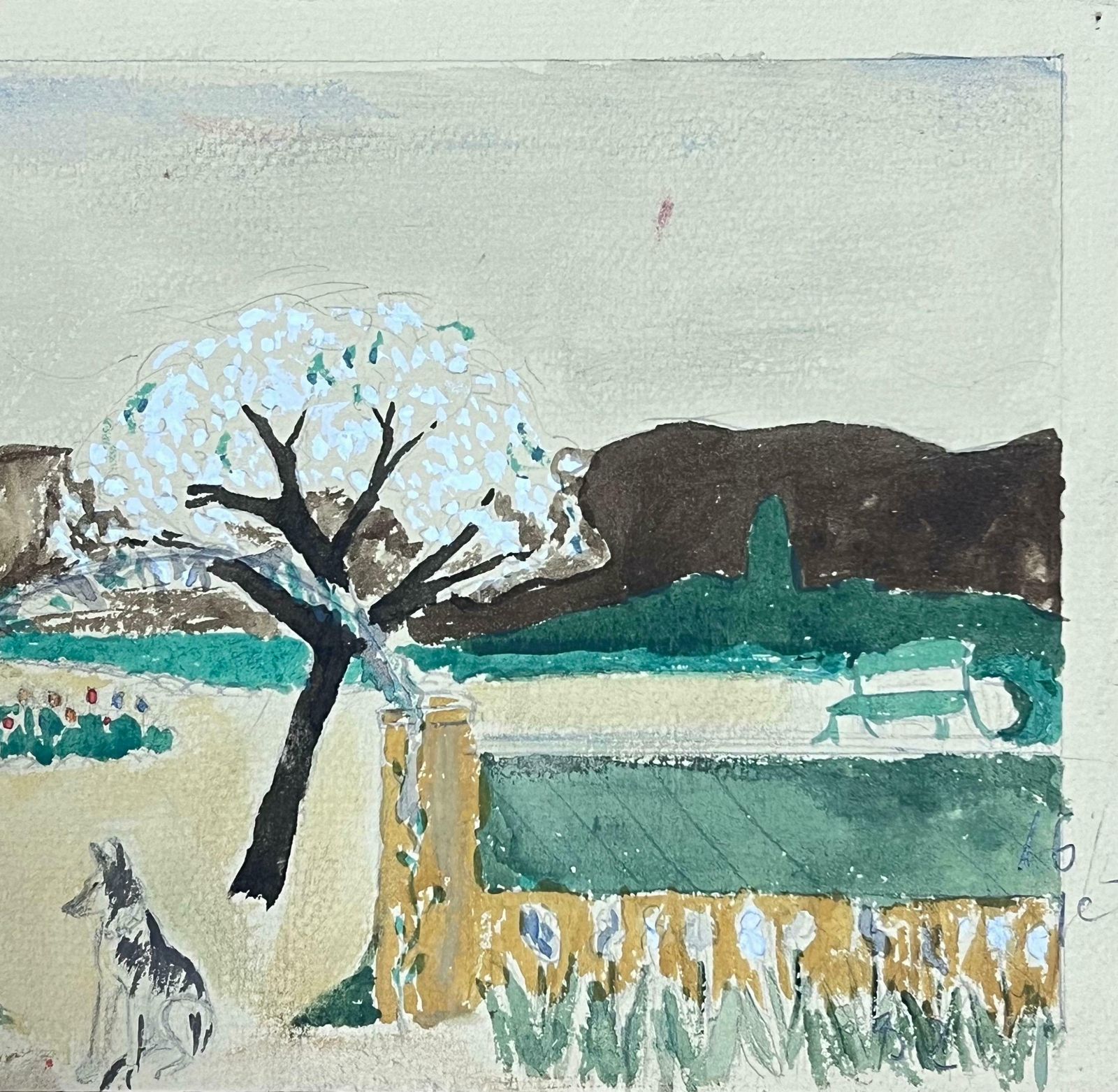 Josine Vignonmid Century French Watercolour Walled Garden Blossom Tree Landscape 1950s photo for sale