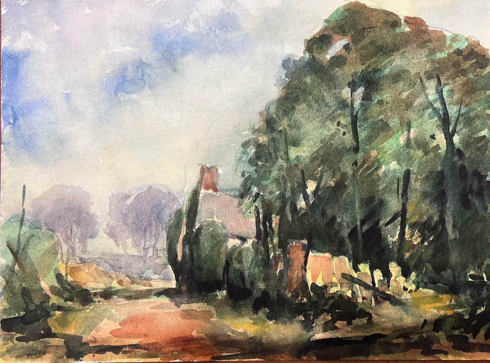 Maurice Mazeiliefrench Watercolour Landscape Village Town Path With Tall Green Trees