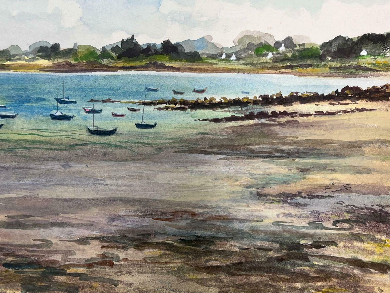 Josine Vignonmid Century French Watercolour Scattered Boats In Blue Sea Landscape 1950s photo furniture