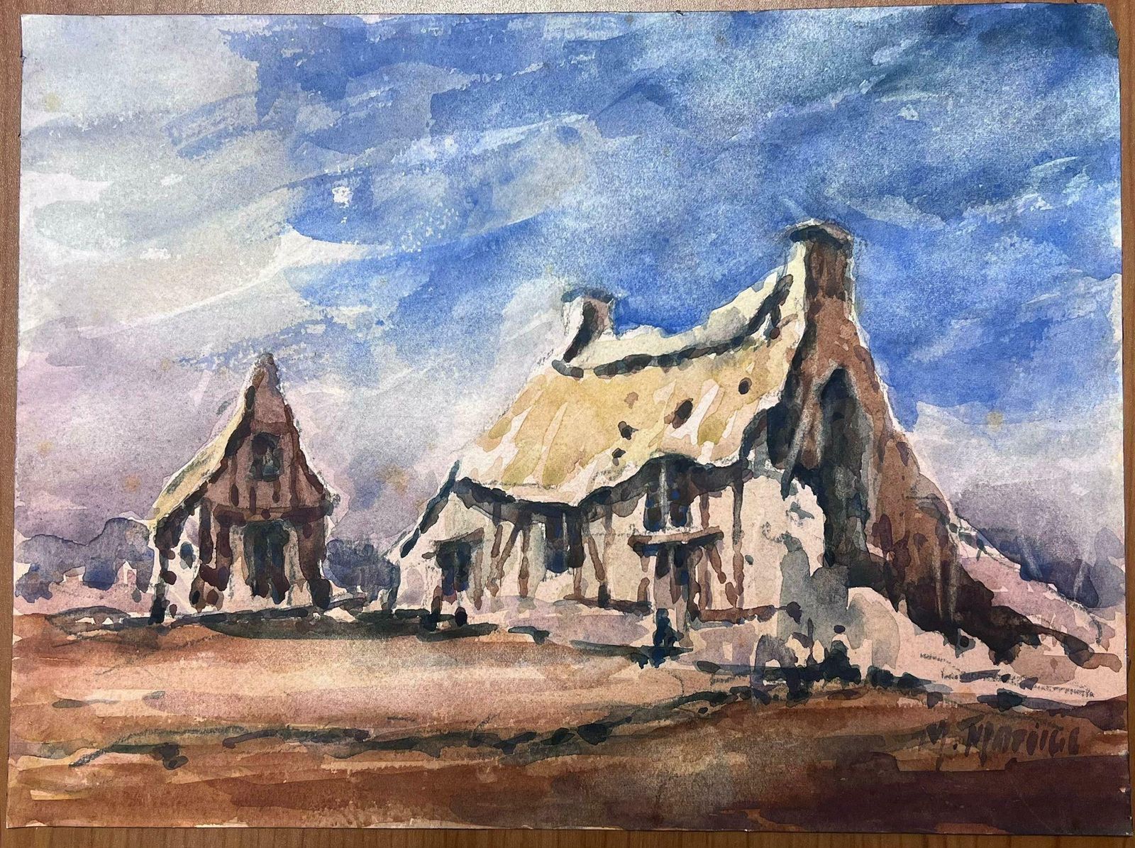 Maurice Mazeiliefrench Impressionist Watercolour Landscape Thatched Cottages photo furniture