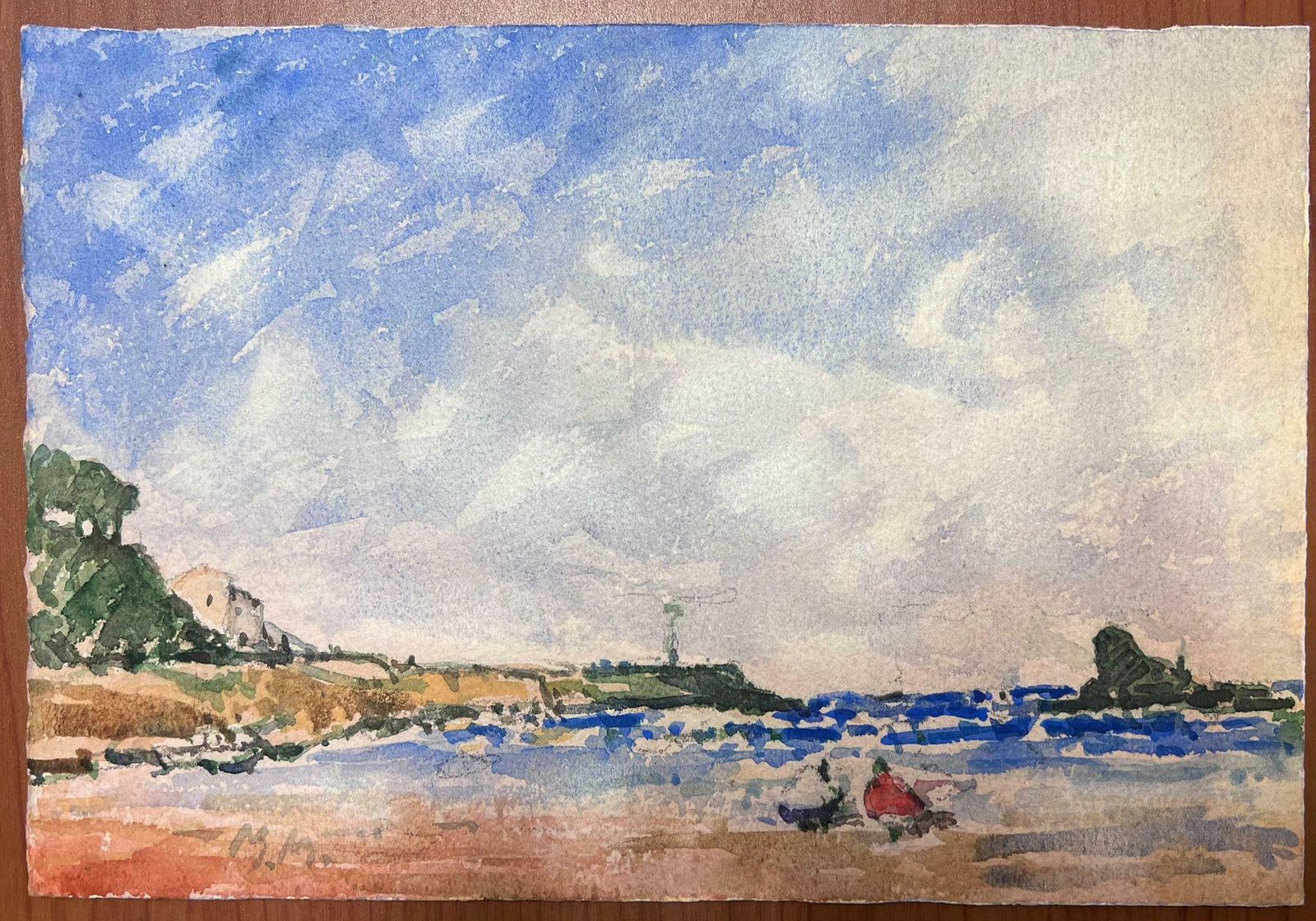 Maurice Mazeiliefrench Impressionist Watercolour Landscape Figures At The Beach photo furniture